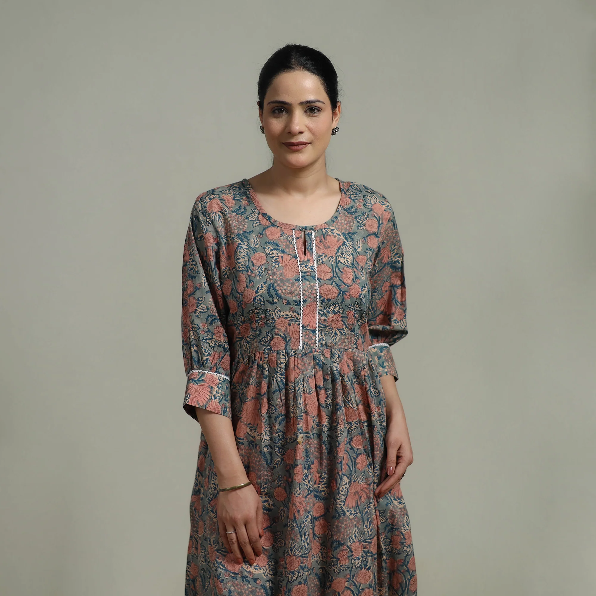 Green - Sanganeri Hand Block Print Pure Cotton Flared Dress 10 - Image 4
