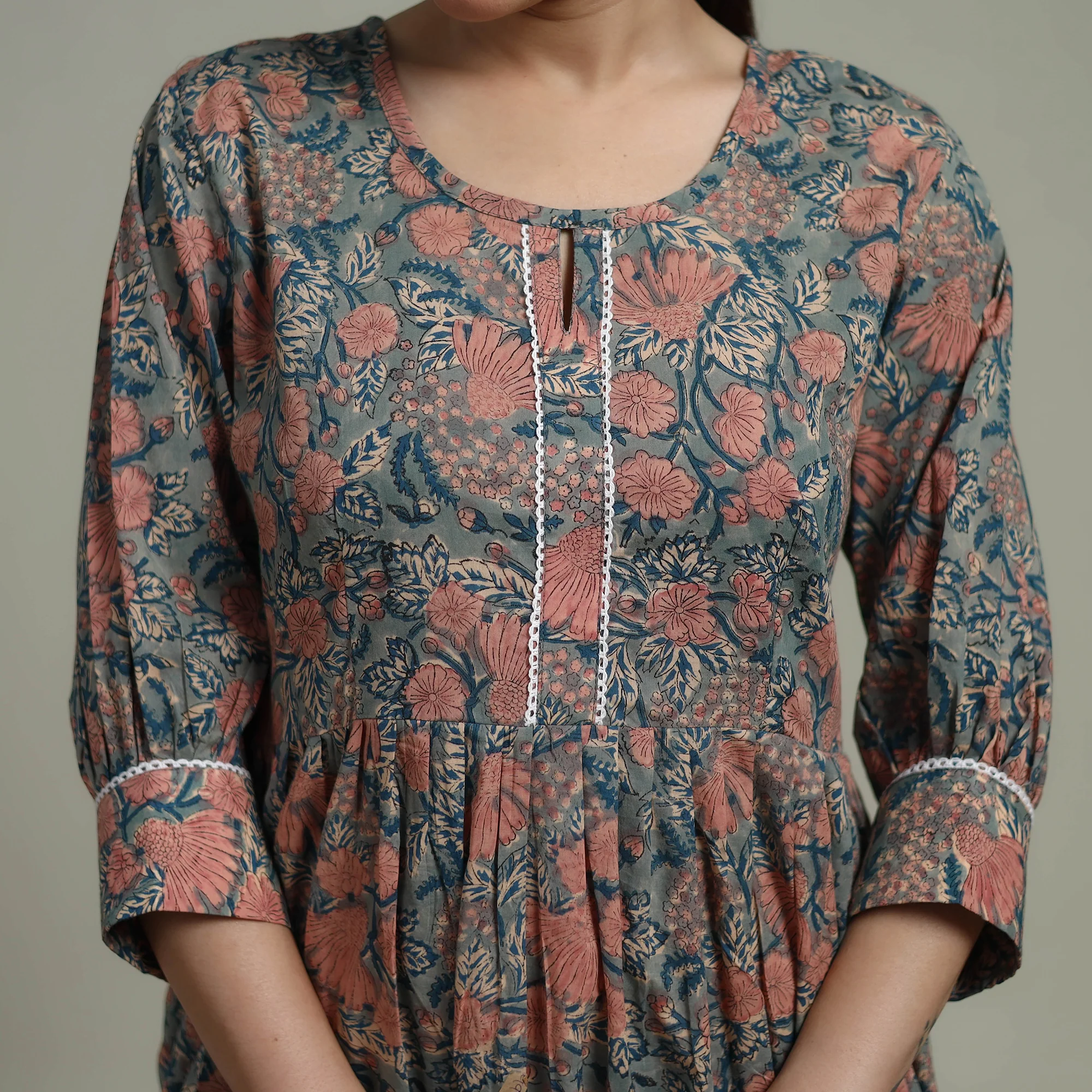Green - Sanganeri Hand Block Print Pure Cotton Flared Dress 10 - Image 5