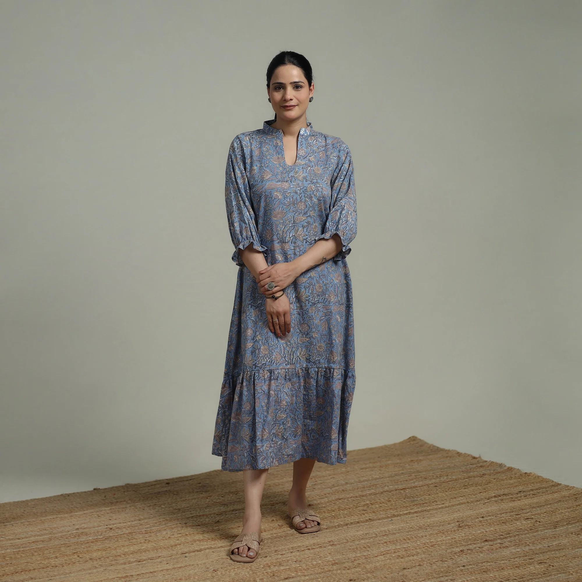 Blue - Sanganeri Hand Block Print Pure Cotton Tiered Dress 16