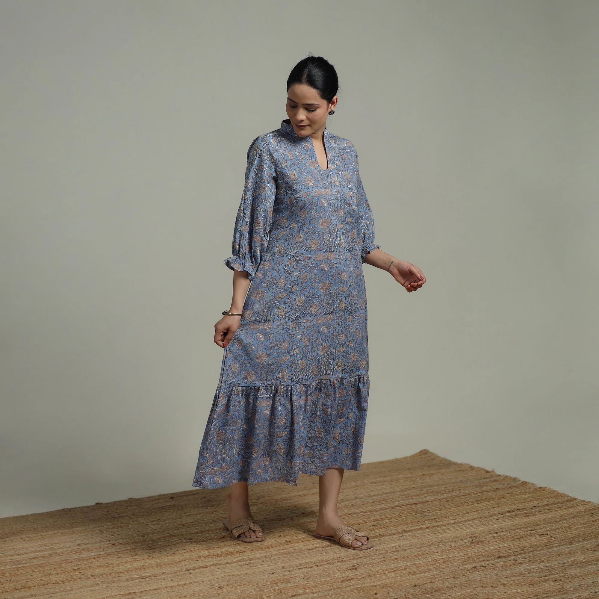 Blue - Sanganeri Hand Block Print Pure Cotton Tiered Dress 16 - Image 2