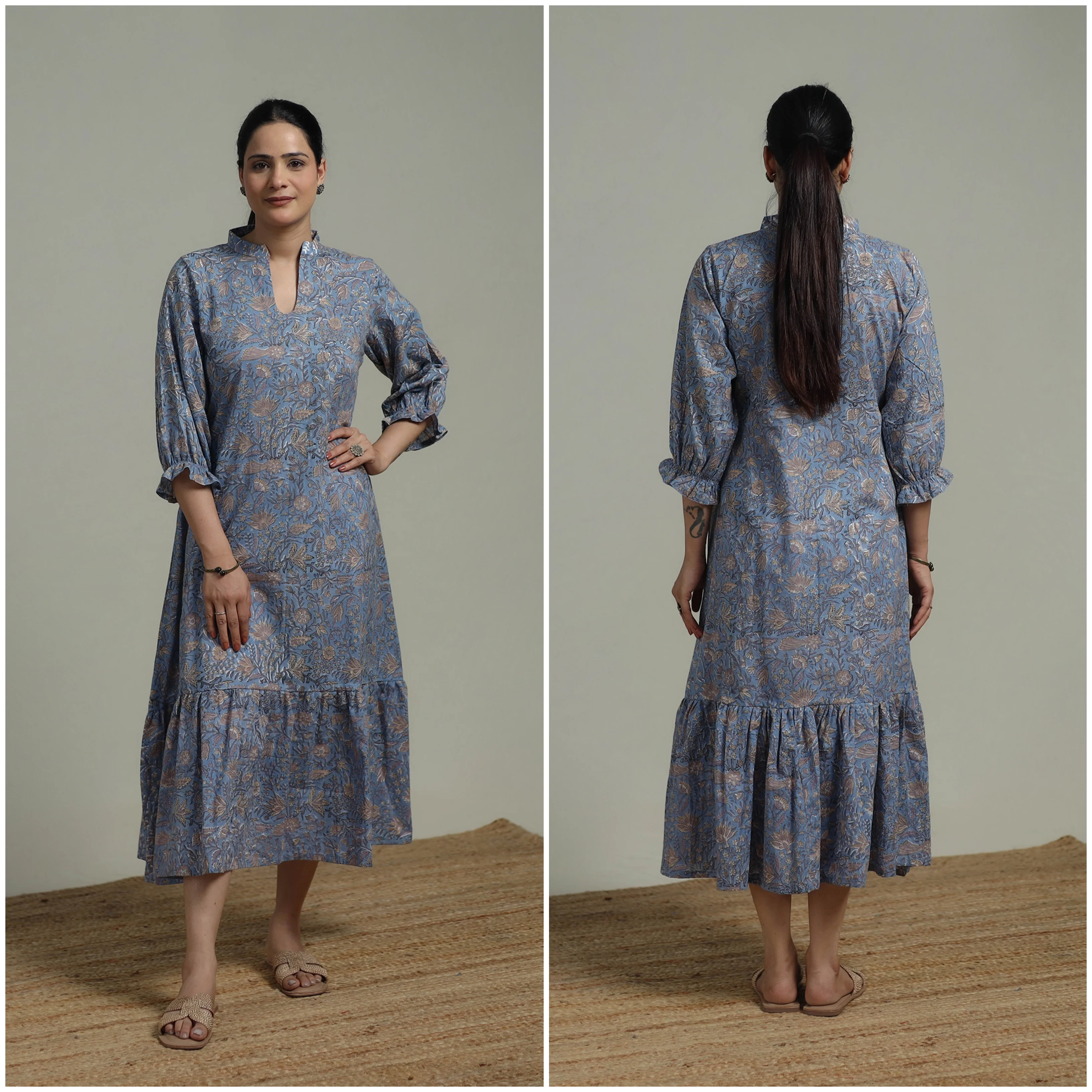 Blue - Sanganeri Hand Block Print Pure Cotton Tiered Dress 16 - Image 3