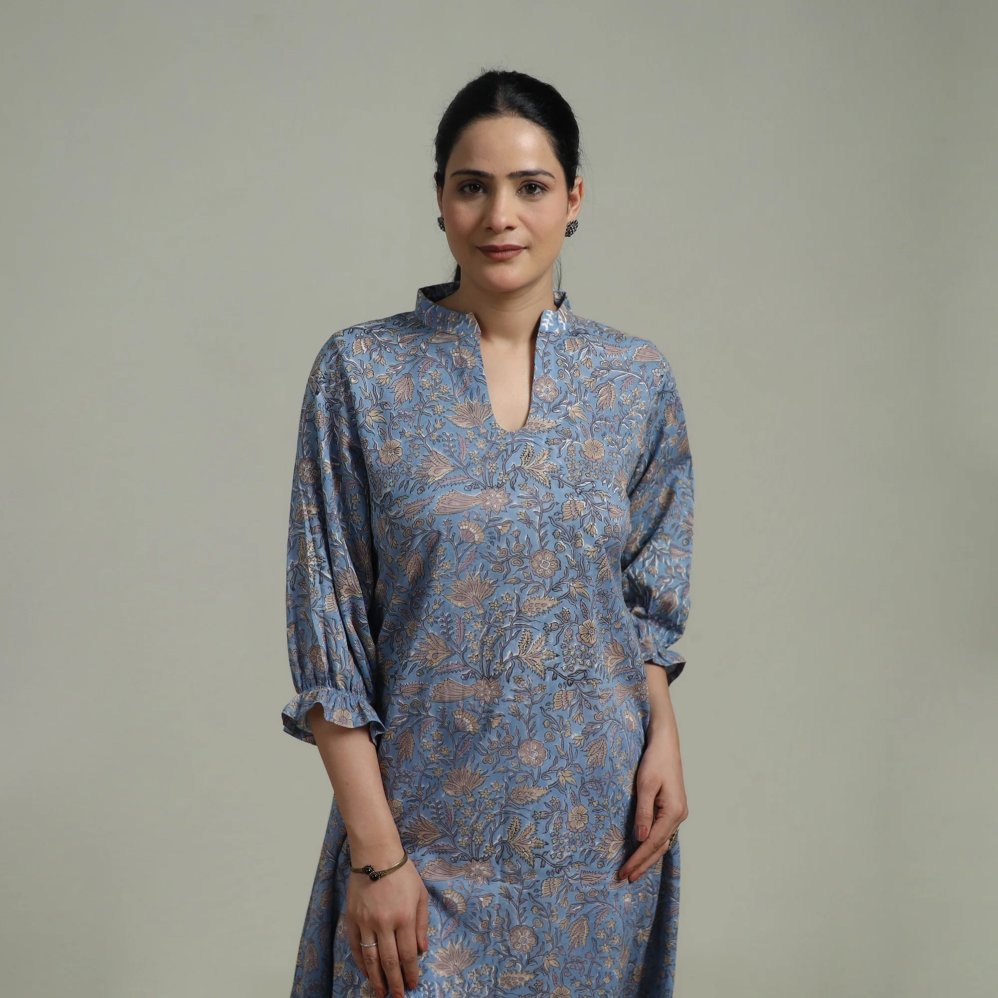 Blue - Sanganeri Hand Block Print Pure Cotton Tiered Dress 16 - Image 4
