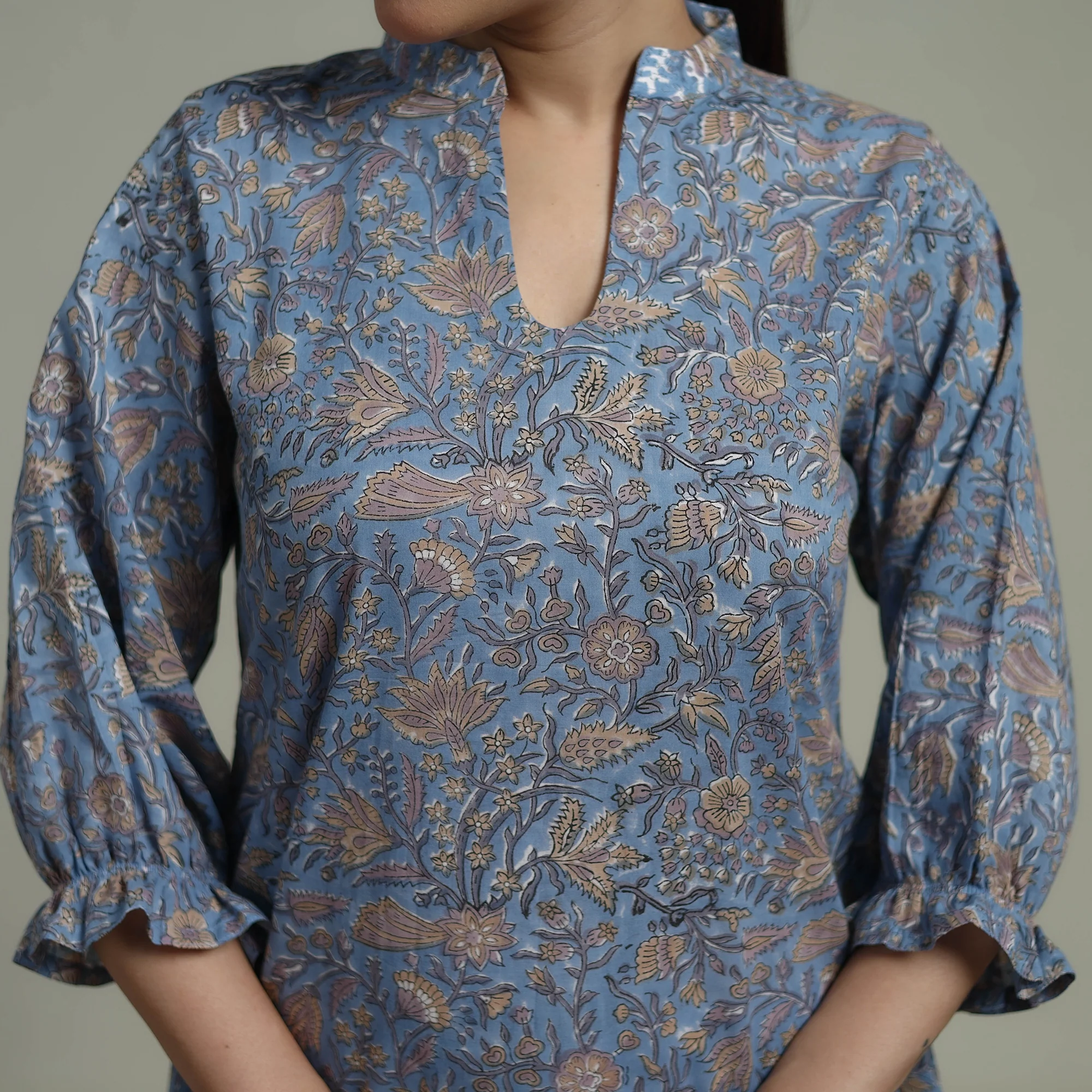 Blue - Sanganeri Hand Block Print Pure Cotton Tiered Dress 16 - Image 5