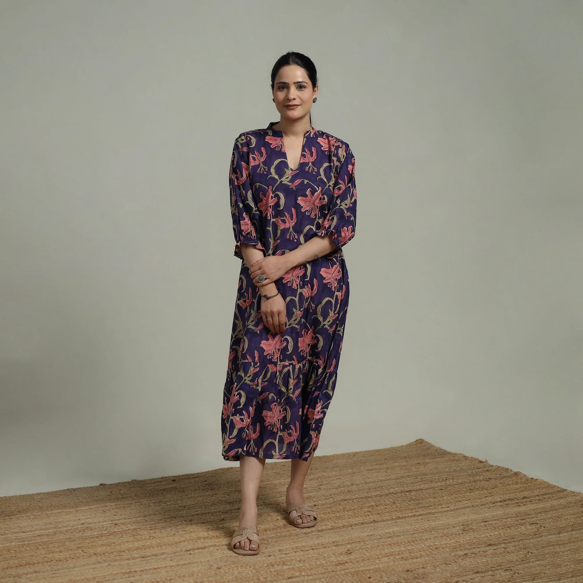 Purple - Sanganeri Hand Block Print Pure Cotton Tiered Dress 17