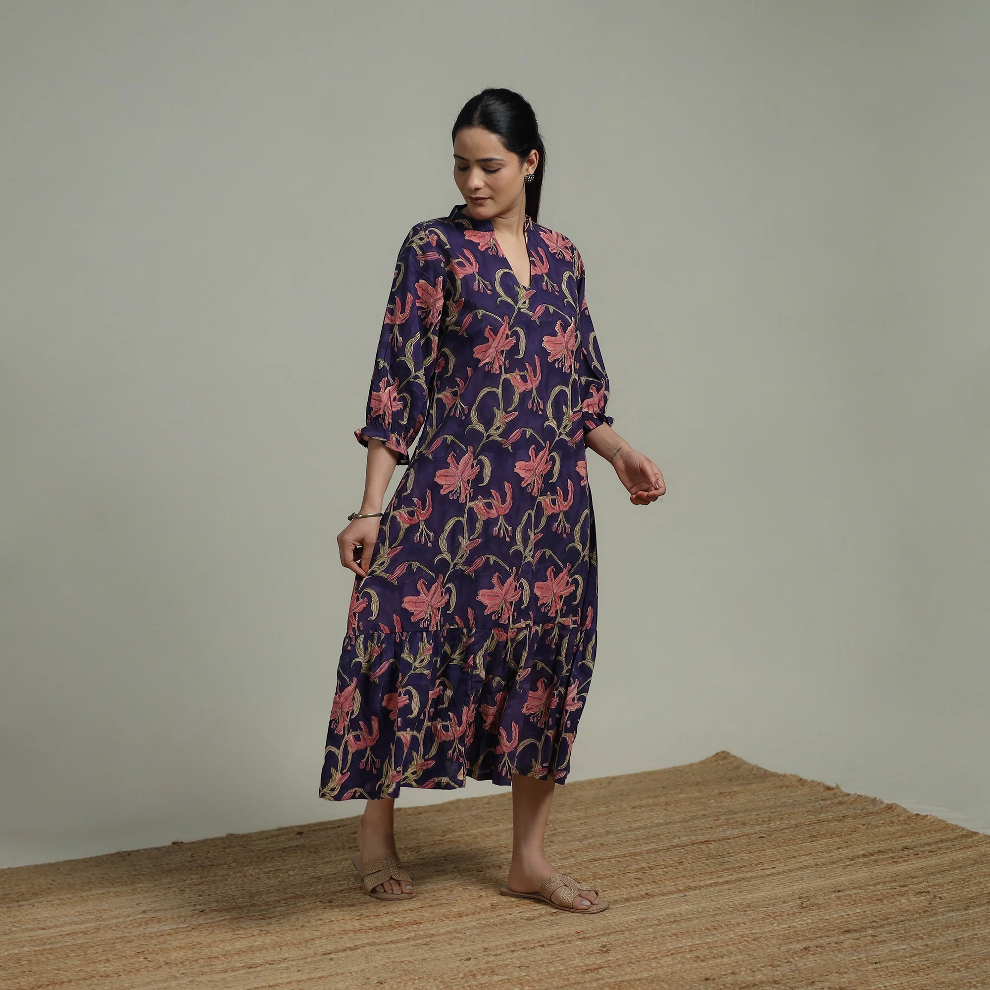 Purple - Sanganeri Hand Block Print Pure Cotton Tiered Dress 17 - Image 2