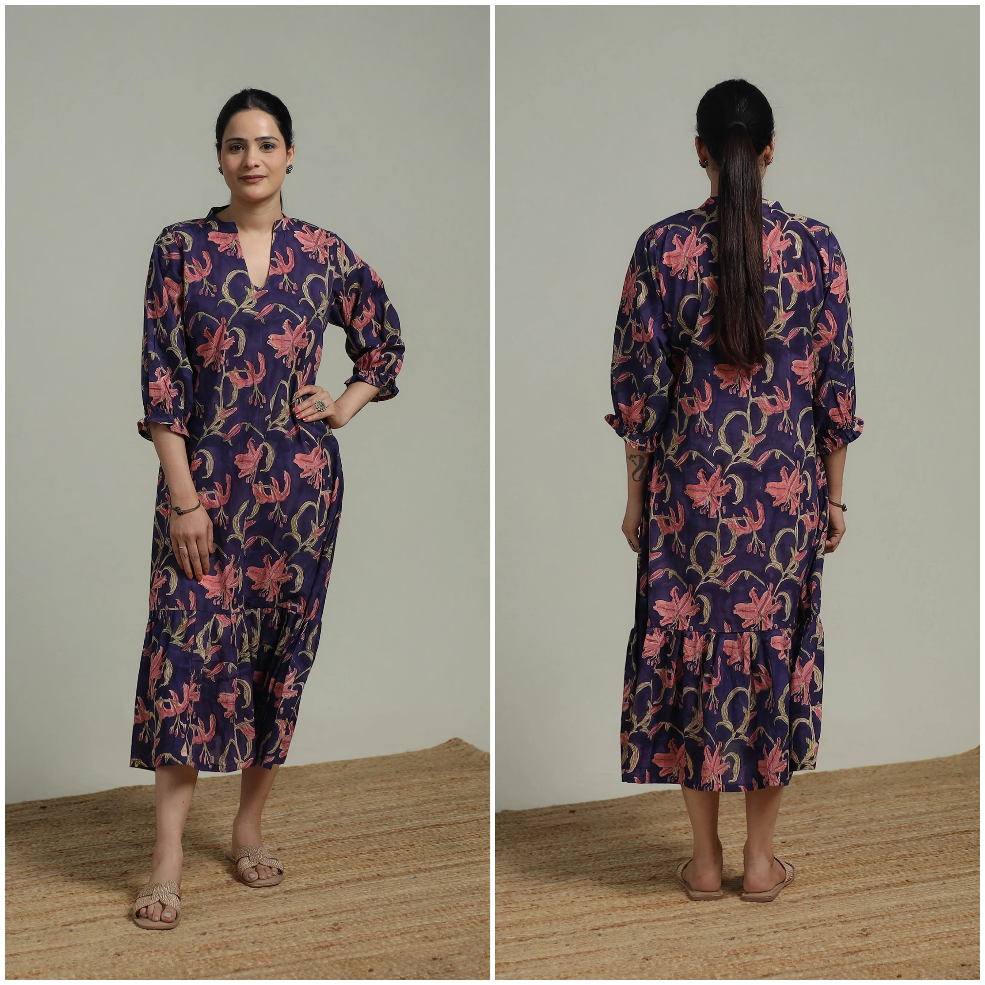 Purple - Sanganeri Hand Block Print Pure Cotton Tiered Dress 17 - Image 3