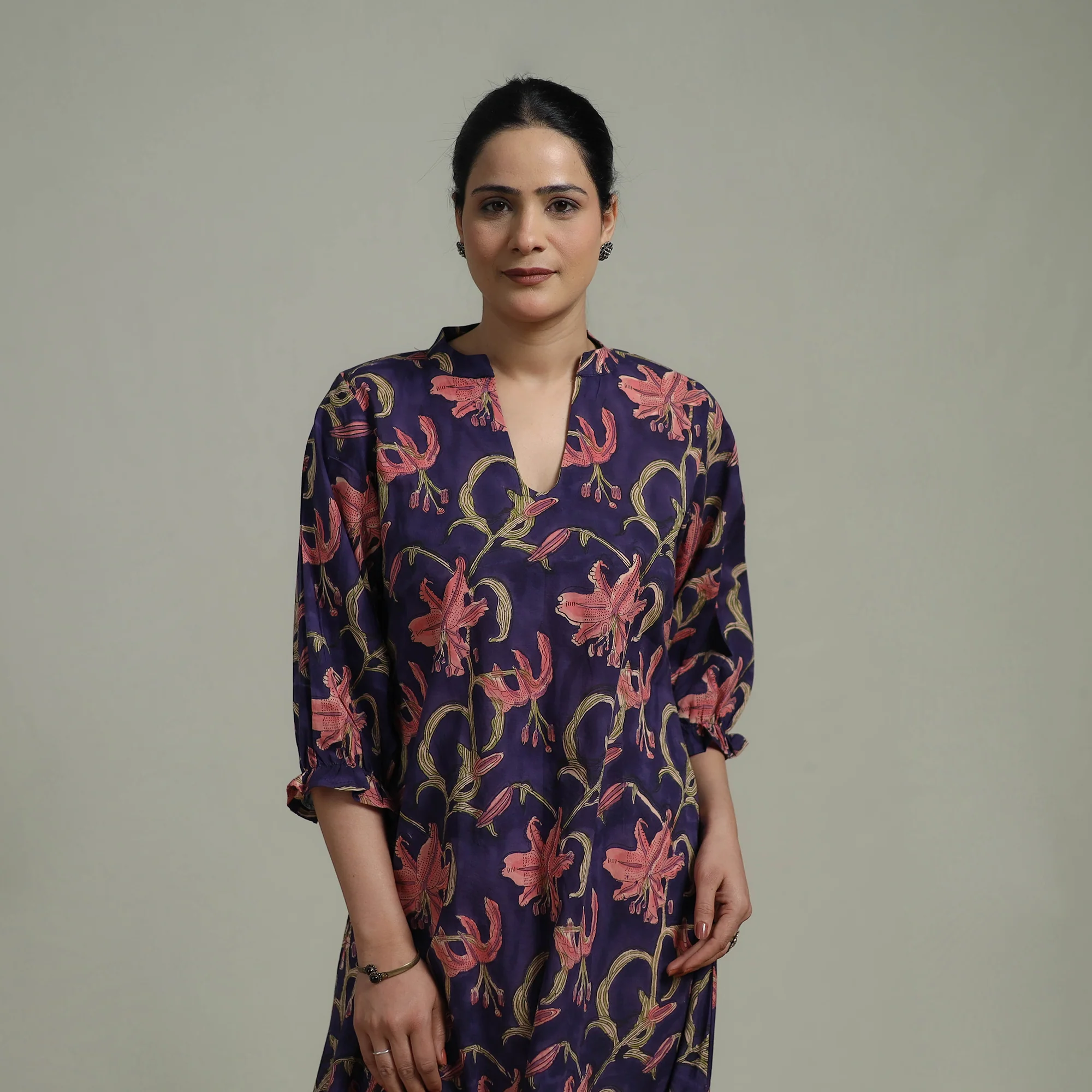 Purple - Sanganeri Hand Block Print Pure Cotton Tiered Dress 17 - Image 4