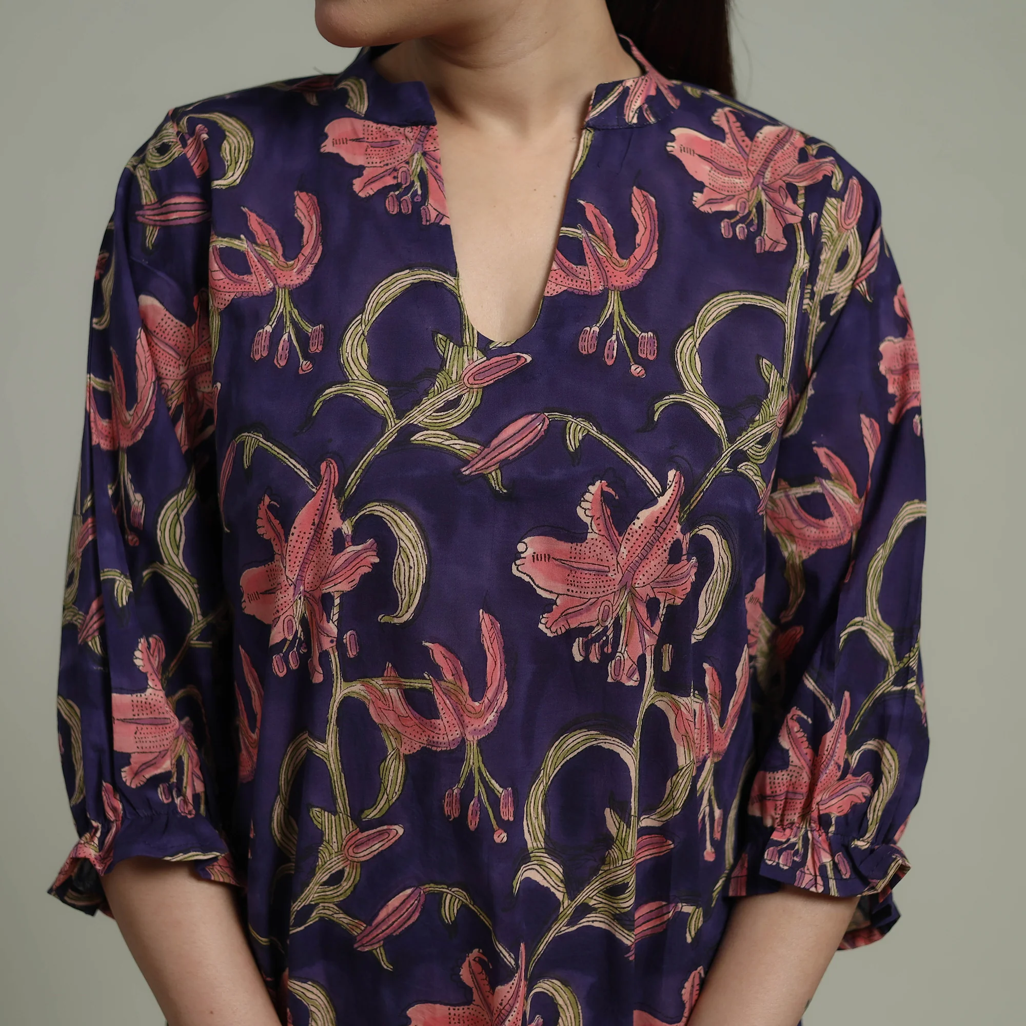 Purple - Sanganeri Hand Block Print Pure Cotton Tiered Dress 17 - Image 5