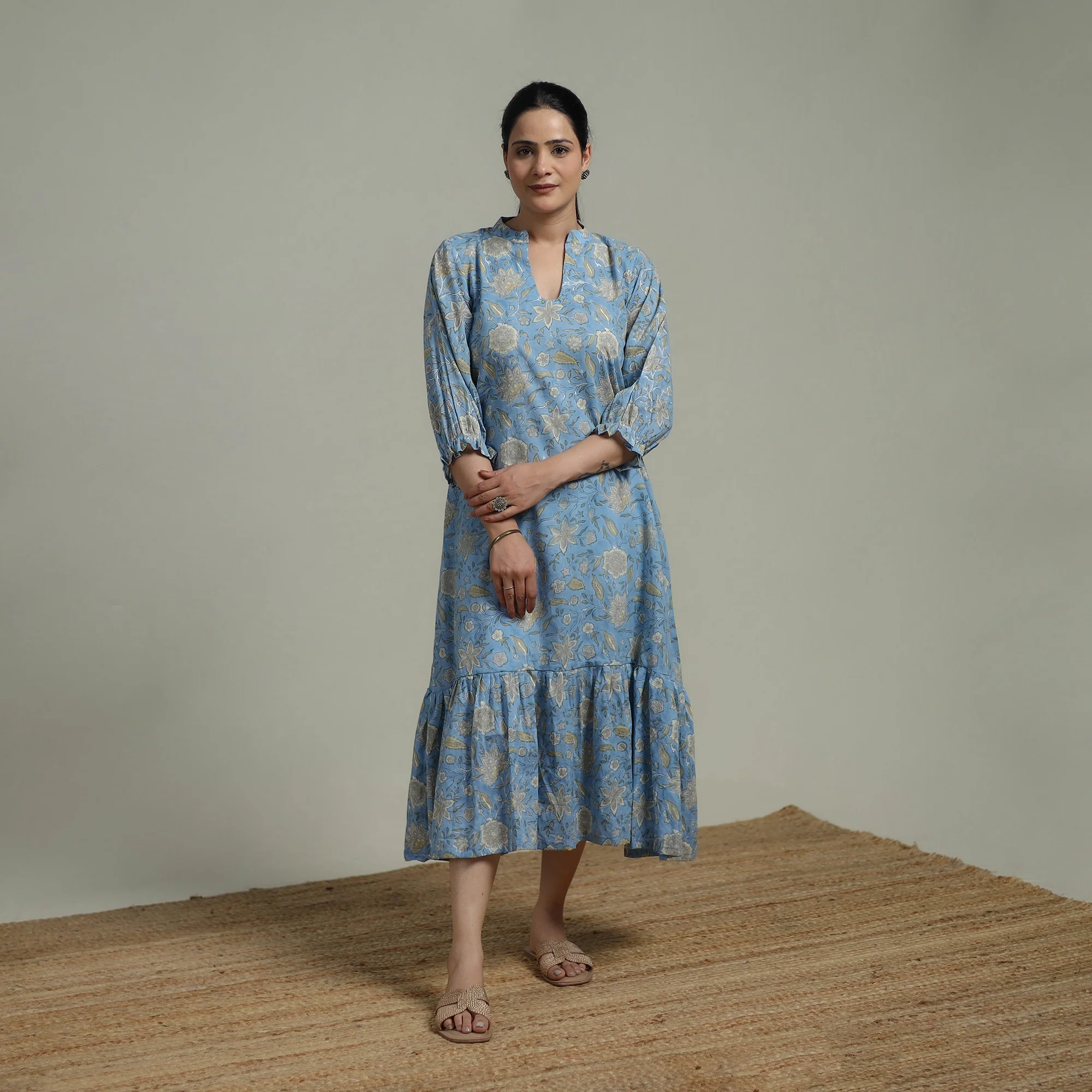Blue - Sanganeri Hand Block Print Pure Cotton Tiered Dress 18