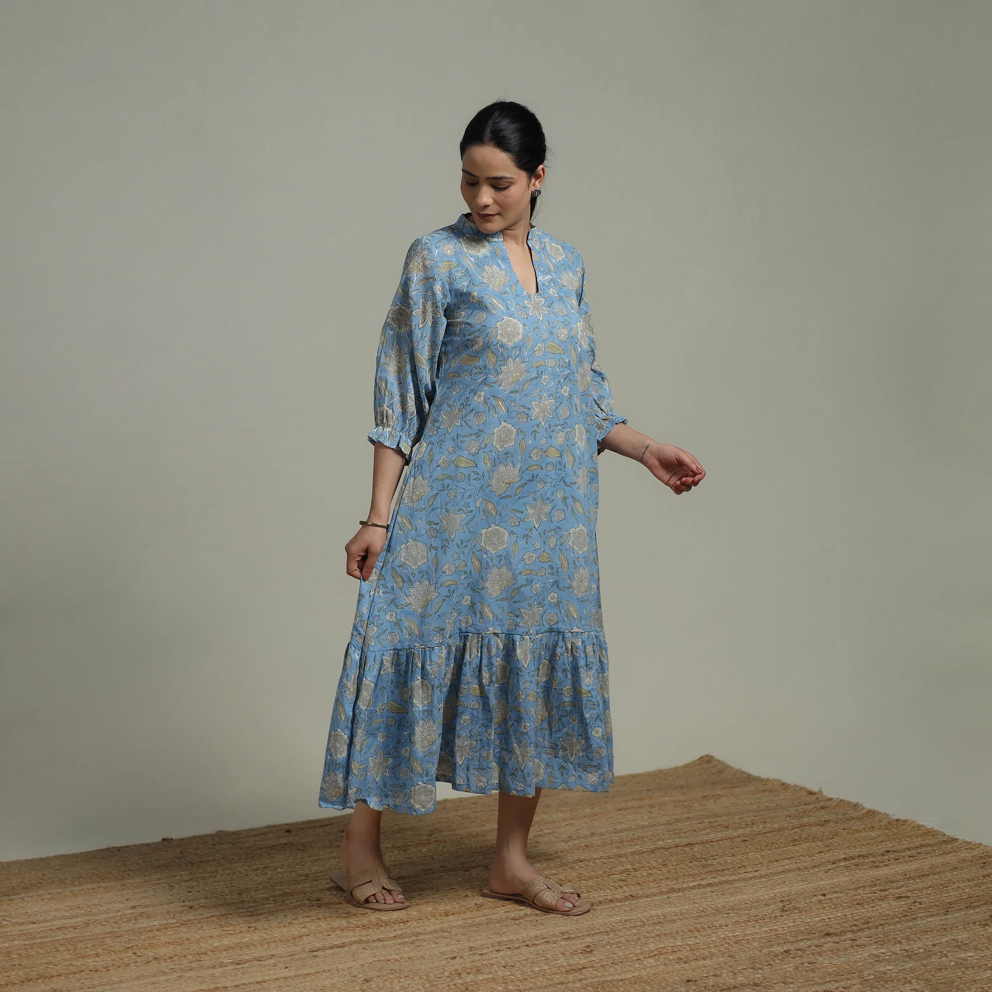 Blue - Sanganeri Hand Block Print Pure Cotton Tiered Dress 18 - Image 2