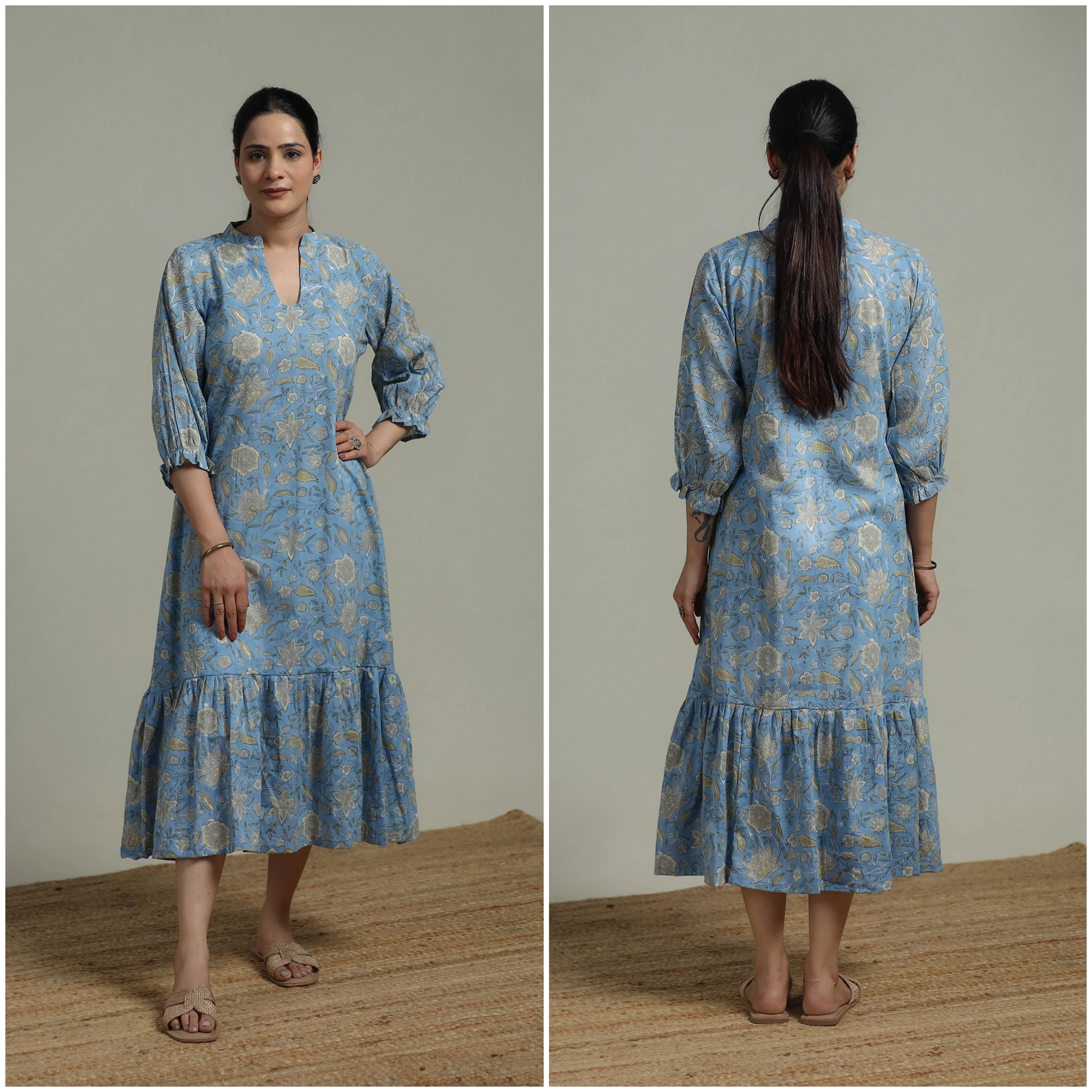 Blue - Sanganeri Hand Block Print Pure Cotton Tiered Dress 18 - Image 3