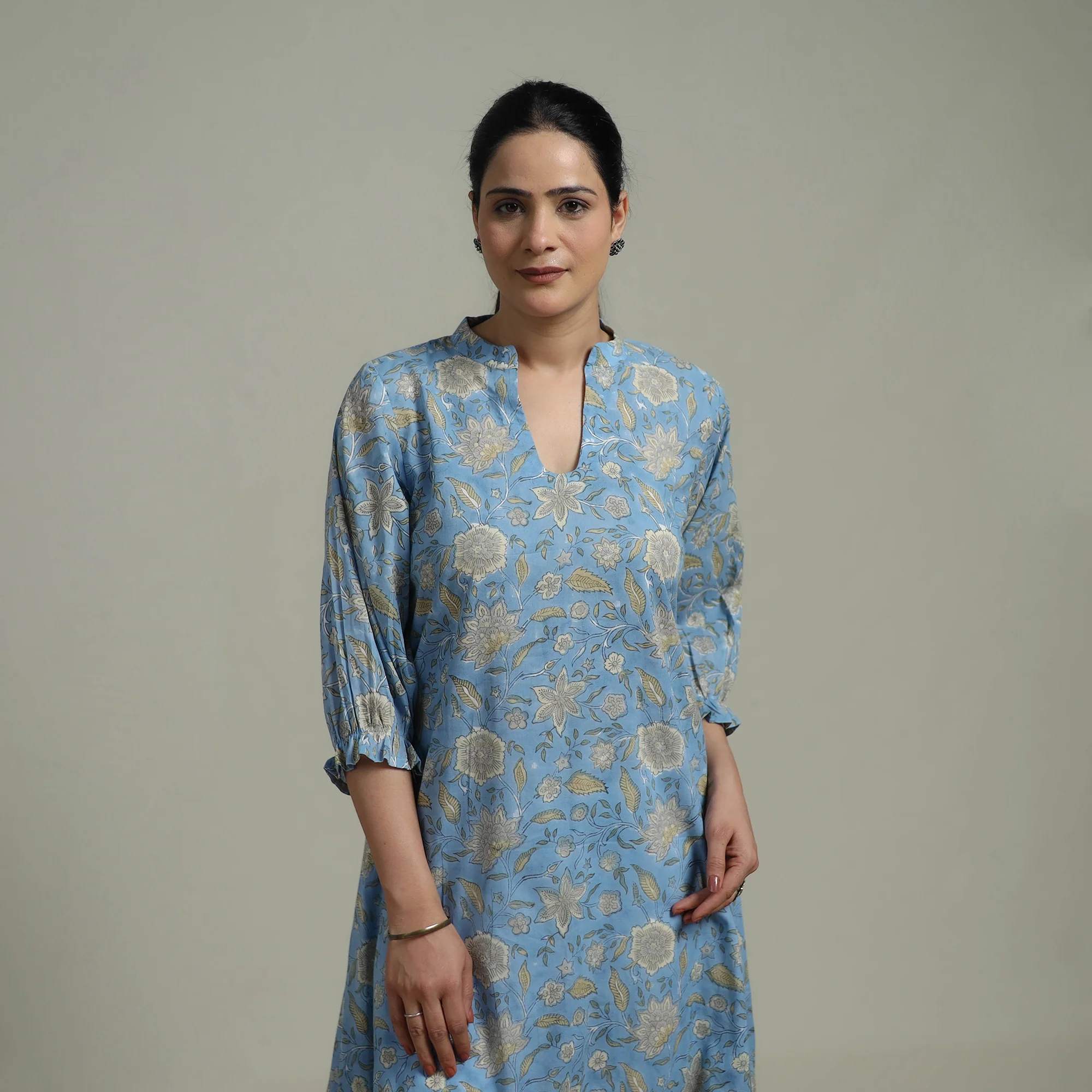 Blue - Sanganeri Hand Block Print Pure Cotton Tiered Dress 18 - Image 4