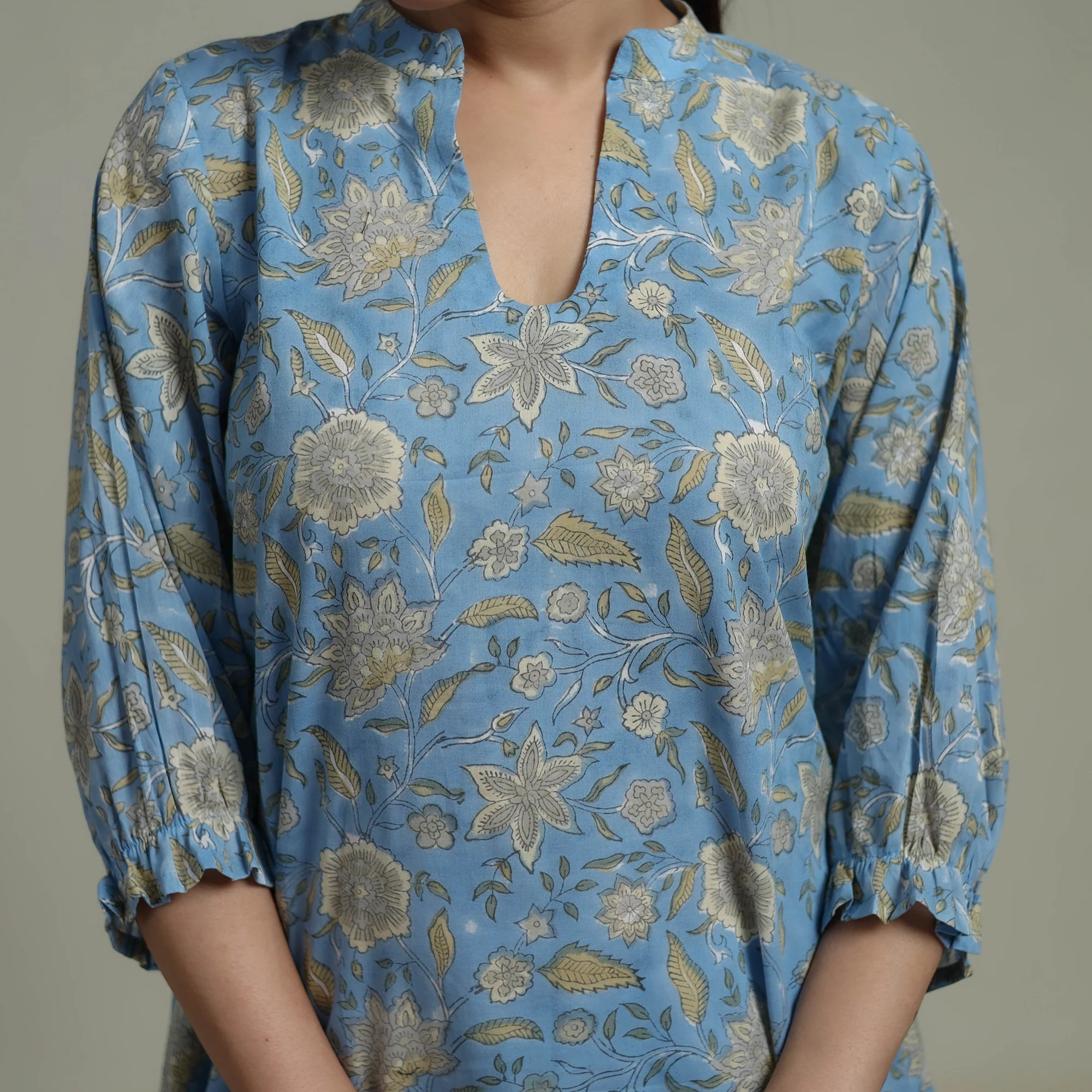 Blue - Sanganeri Hand Block Print Pure Cotton Tiered Dress 18 - Image 5