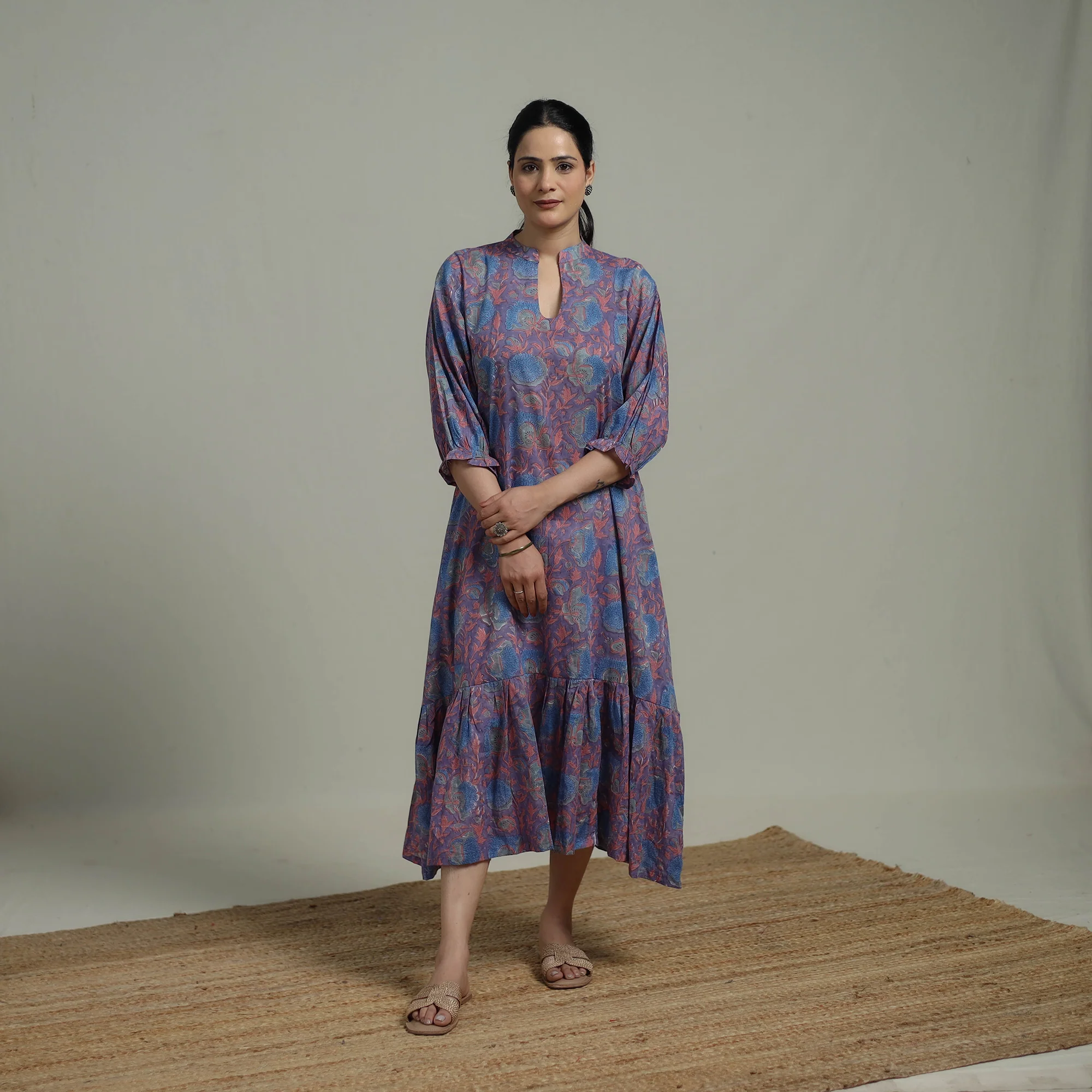 Purple - Sanganeri Hand Block Print Pure Cotton Tiered Dress 19