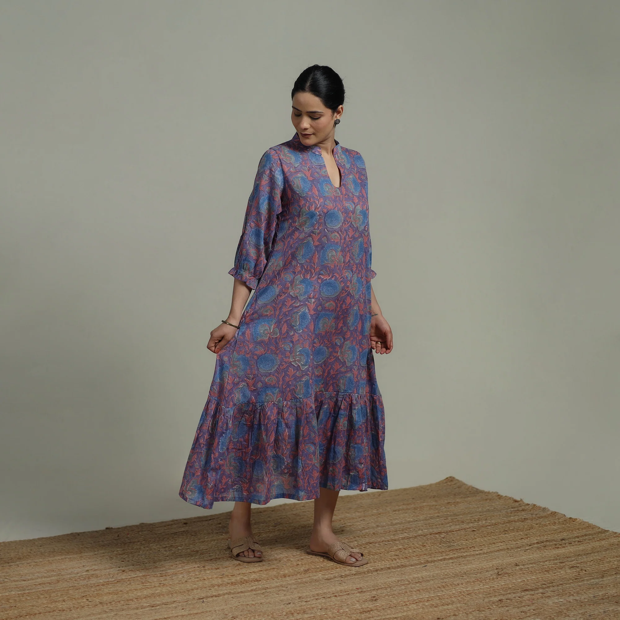 Purple - Sanganeri Hand Block Print Pure Cotton Tiered Dress 19 - Image 2