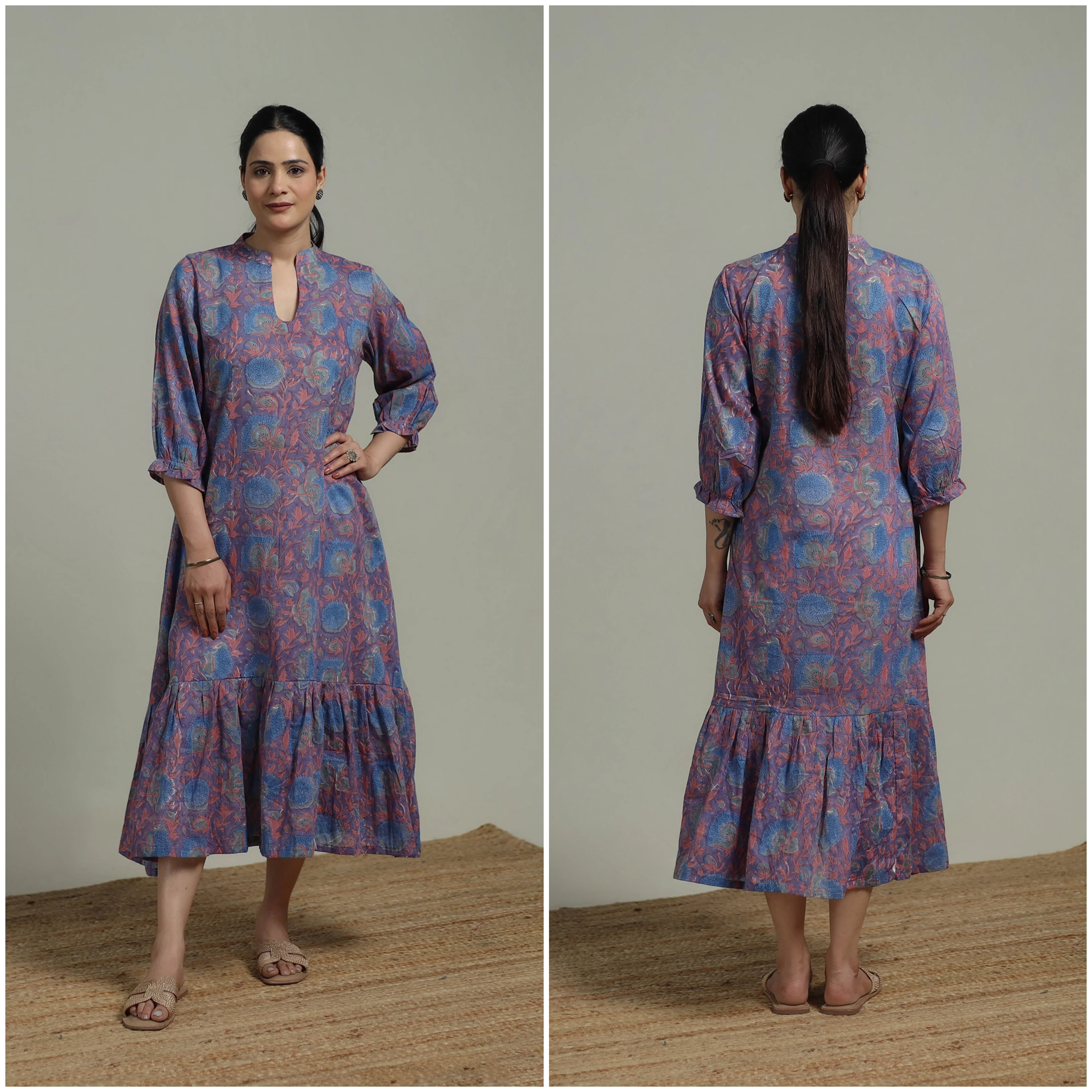 Purple - Sanganeri Hand Block Print Pure Cotton Tiered Dress 19 - Image 3