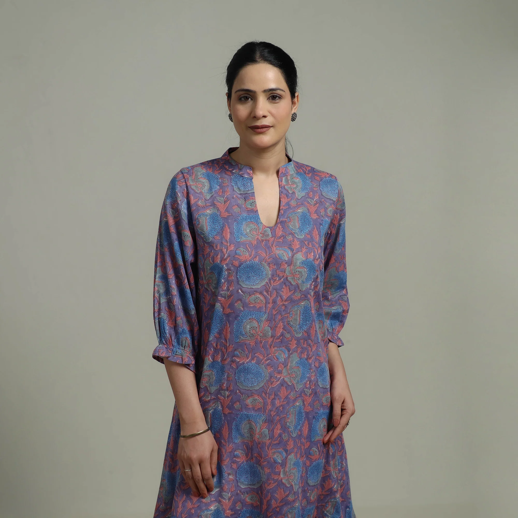Purple - Sanganeri Hand Block Print Pure Cotton Tiered Dress 19 - Image 4