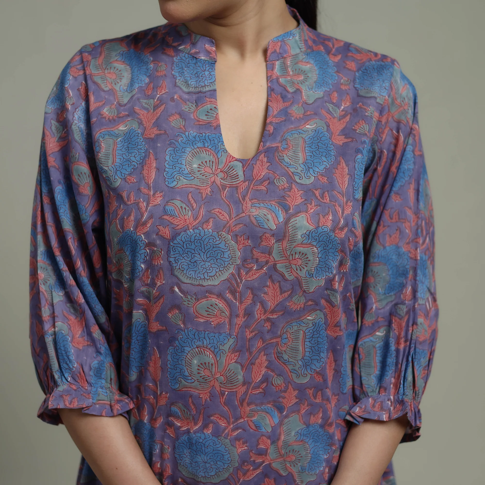 Purple - Sanganeri Hand Block Print Pure Cotton Tiered Dress 19 - Image 5