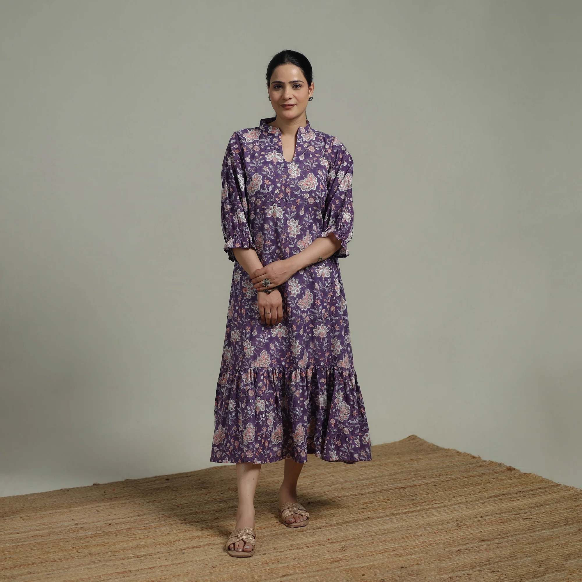 Purple - Sanganeri Hand Block Print Pure Cotton Tiered Dress 20