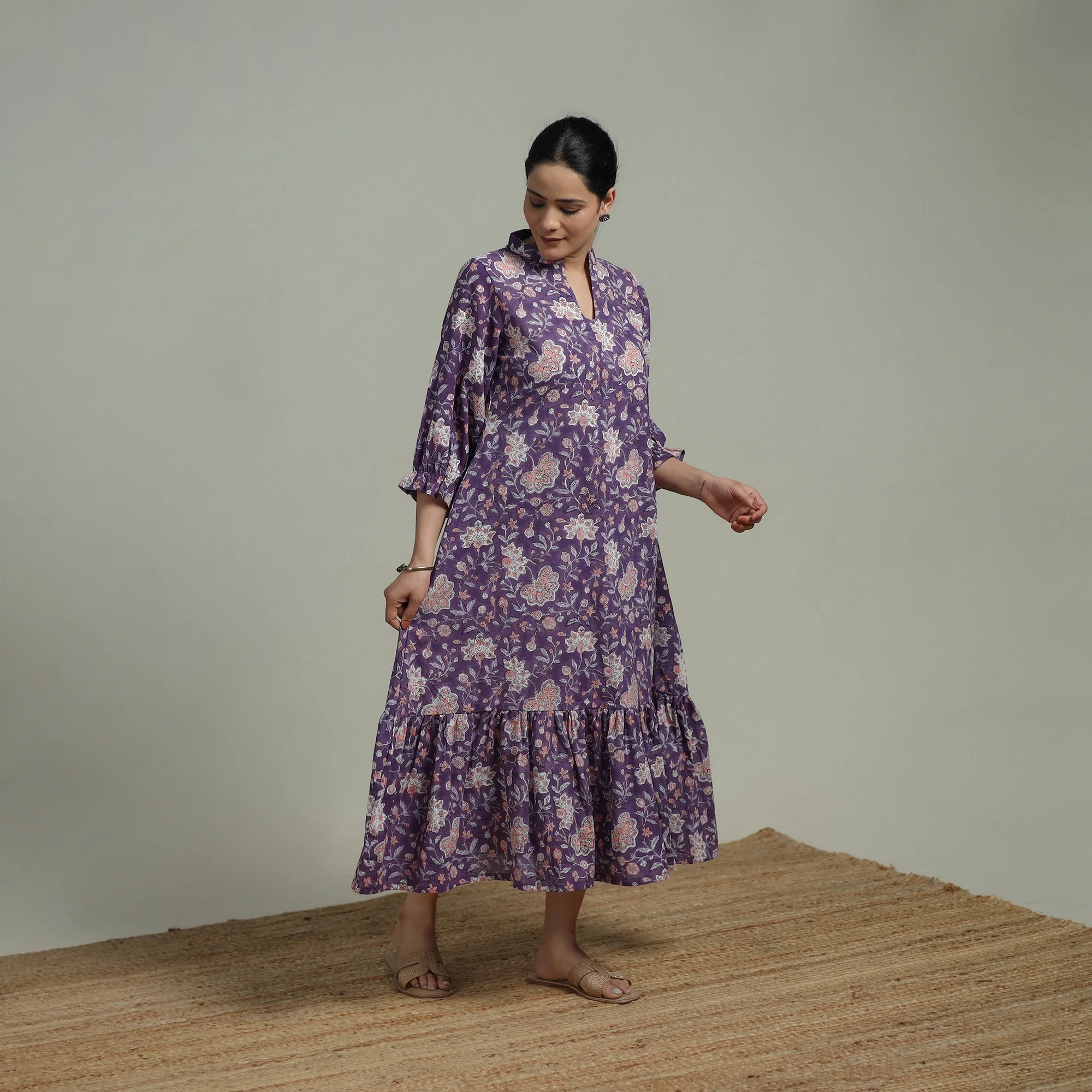 Purple - Sanganeri Hand Block Print Pure Cotton Tiered Dress 20 - Image 2