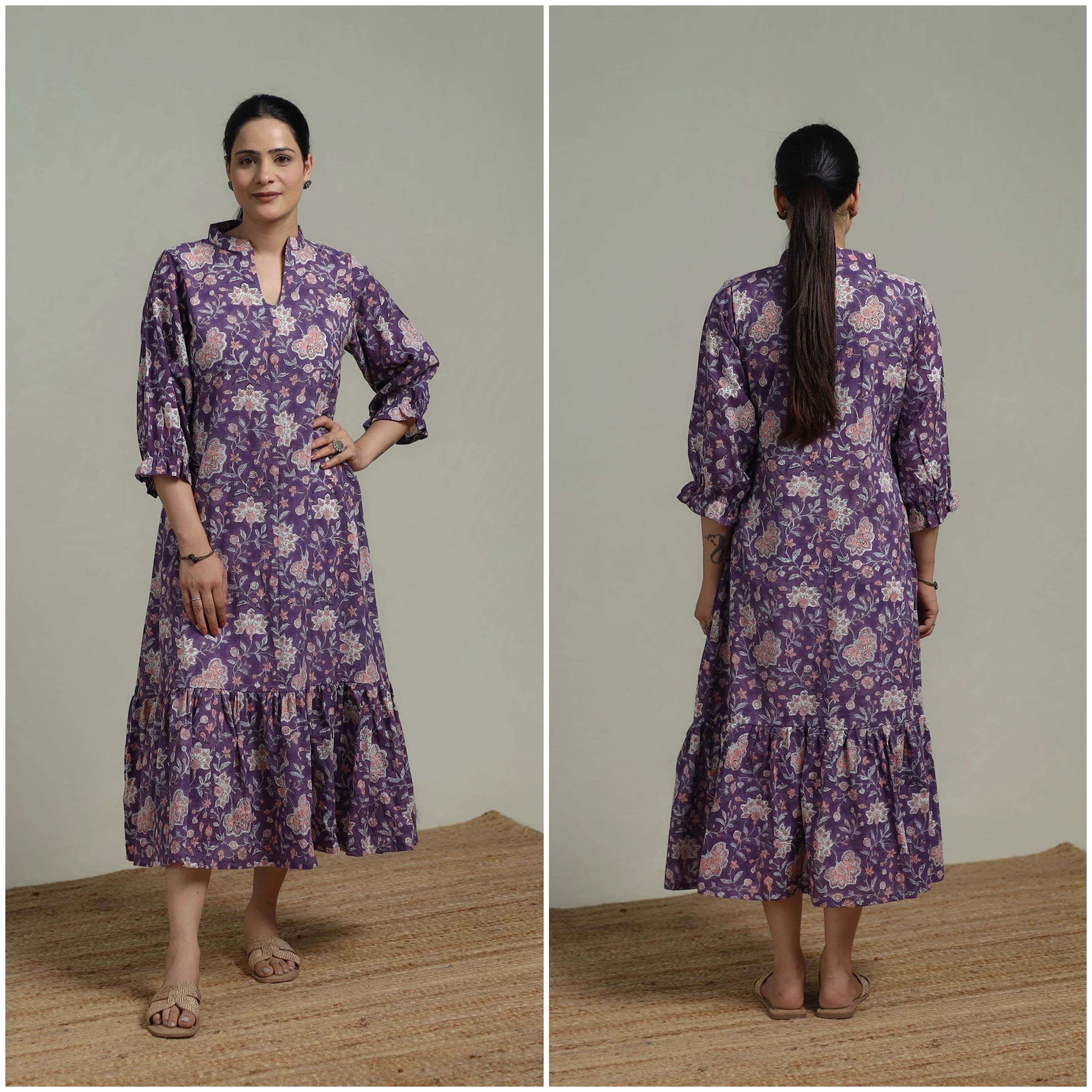 Purple - Sanganeri Hand Block Print Pure Cotton Tiered Dress 20 - Image 3