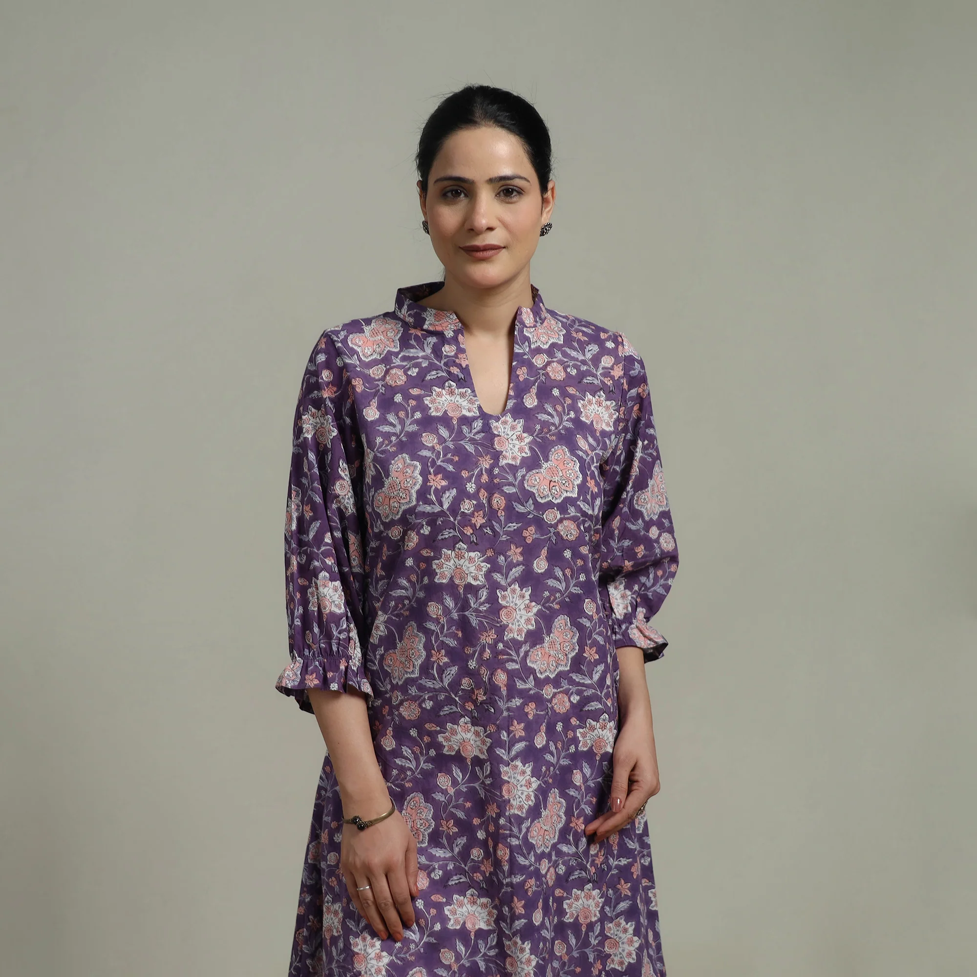 Purple - Sanganeri Hand Block Print Pure Cotton Tiered Dress 20 - Image 4