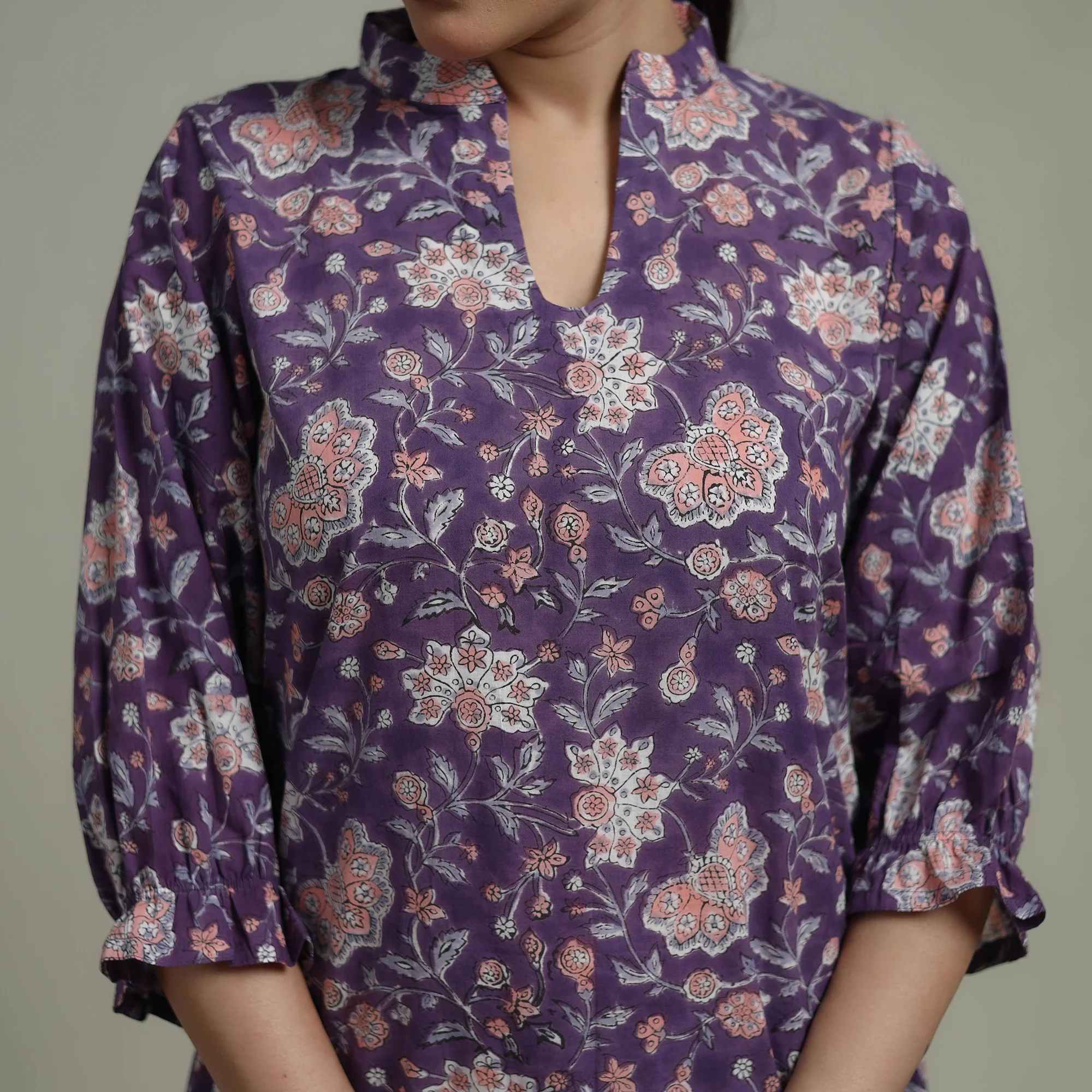 Purple - Sanganeri Hand Block Print Pure Cotton Tiered Dress 20 - Image 5