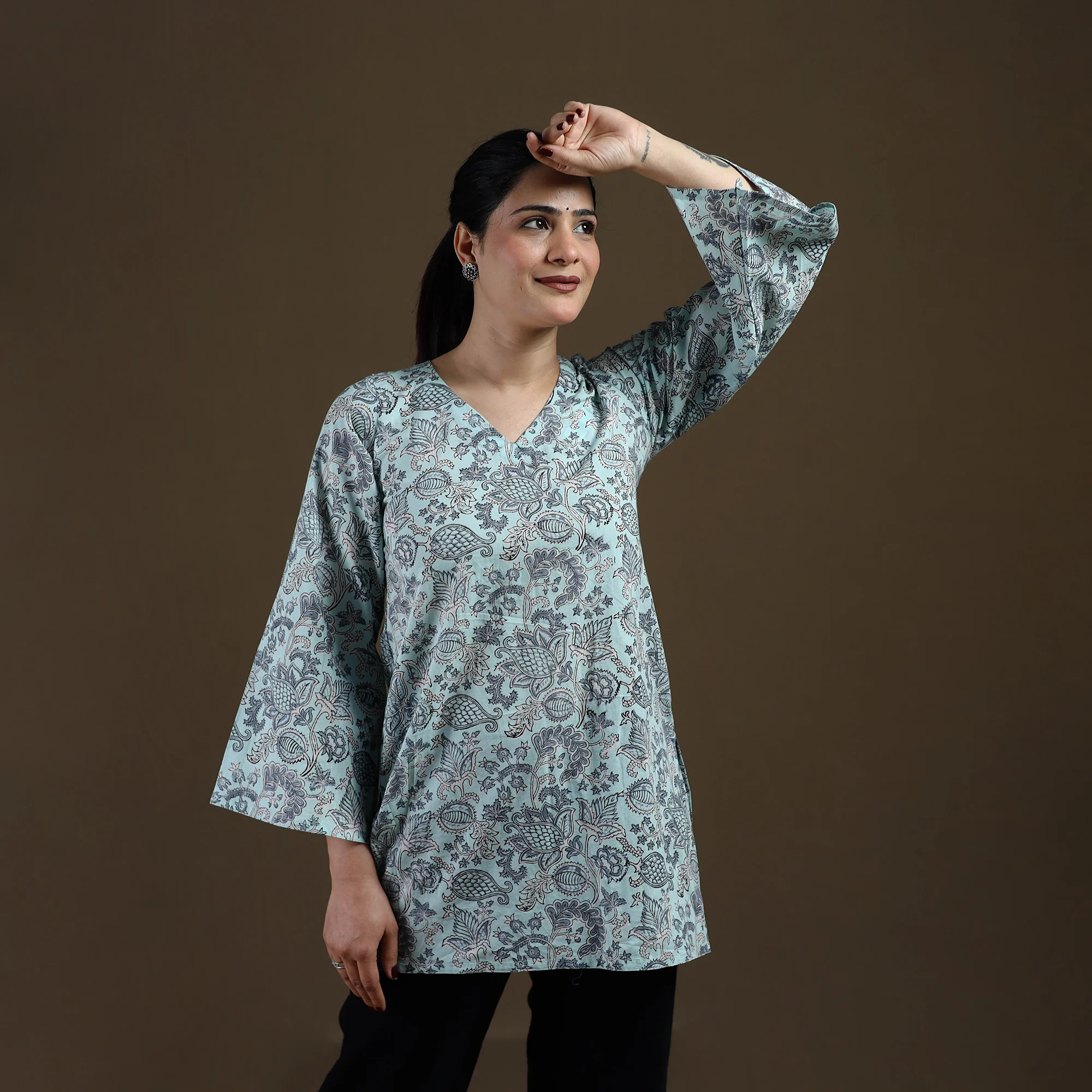 Blue - Sanganeri Hand Block Print Pure Mul Cotton Short Kurta for women 03 - Image 3