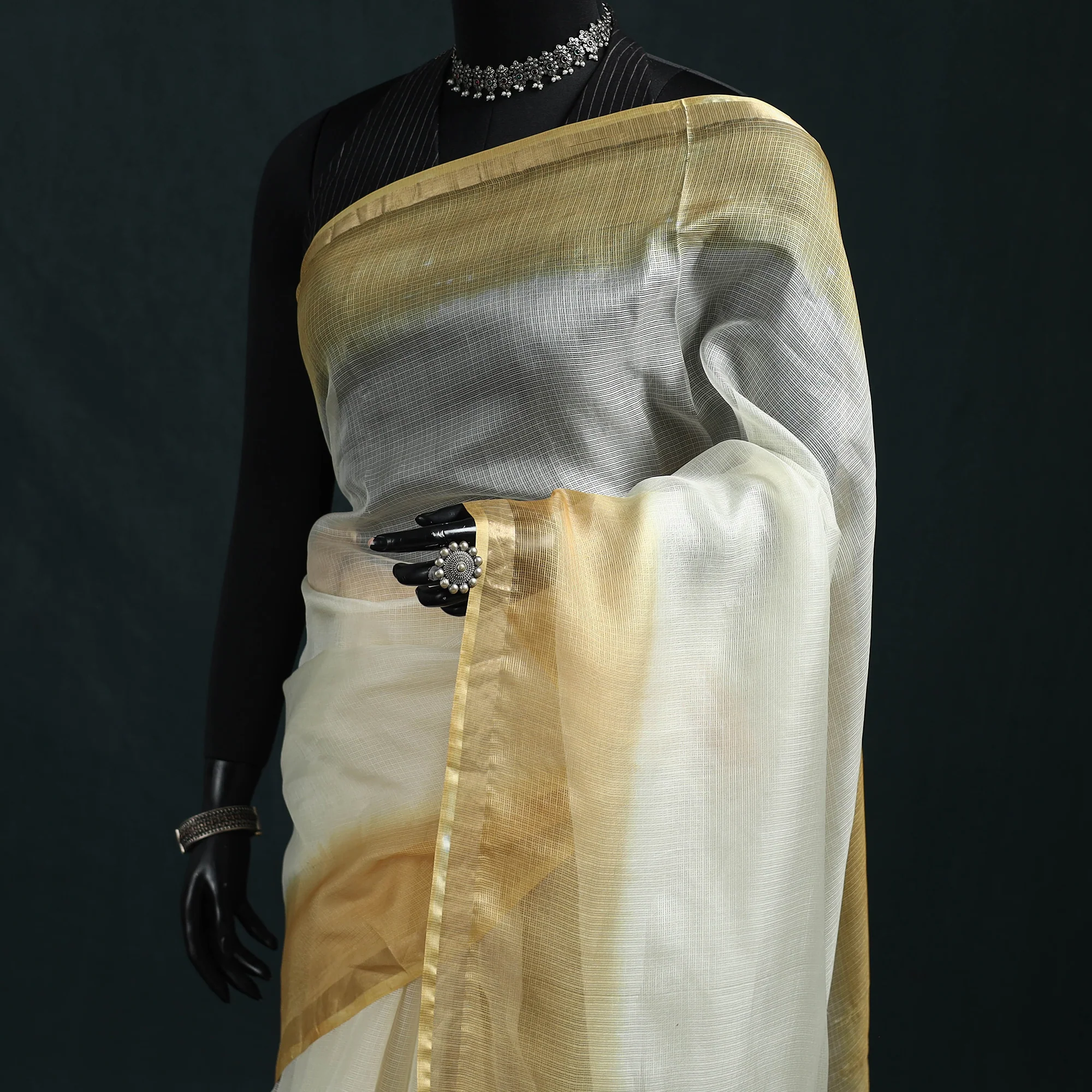 Shibori Tie-Dye Kota Doria Silk Saree 35 - Image 2