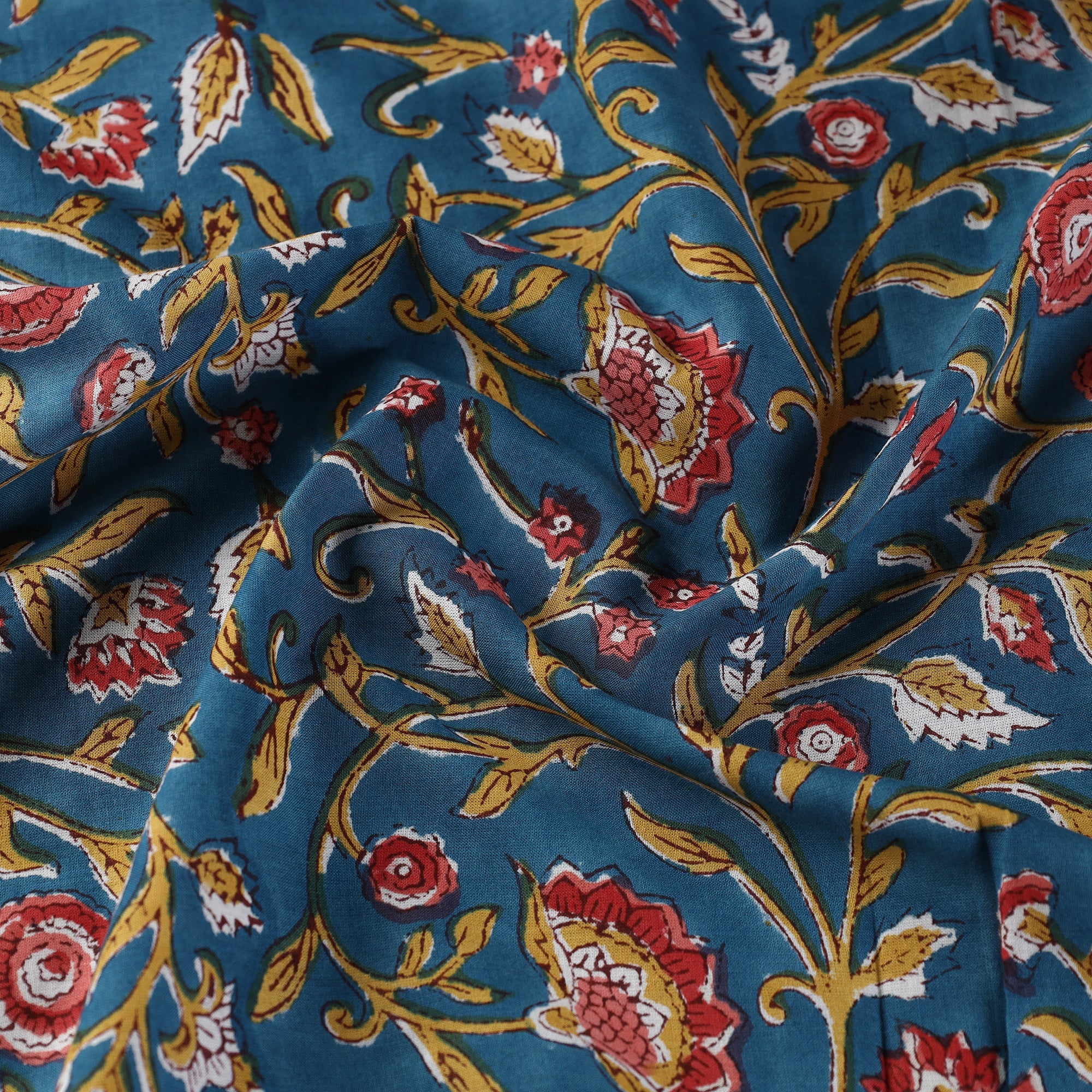 Blue - Lianas with Floral Pure Cotton Sanganeri Print Fabric 03 - Image 3