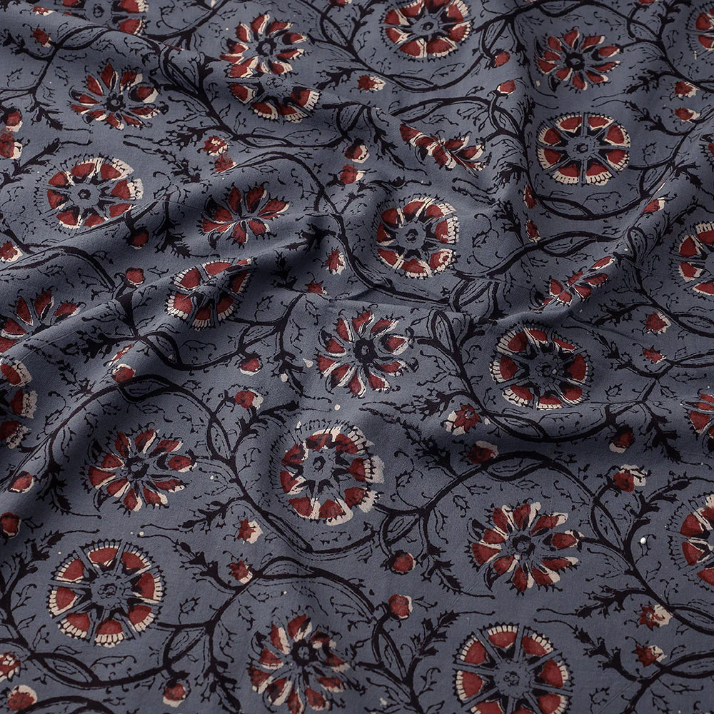 Grey with Flowers Block Printed Cotton Dabu Bagru Fabric 14 - Image 3