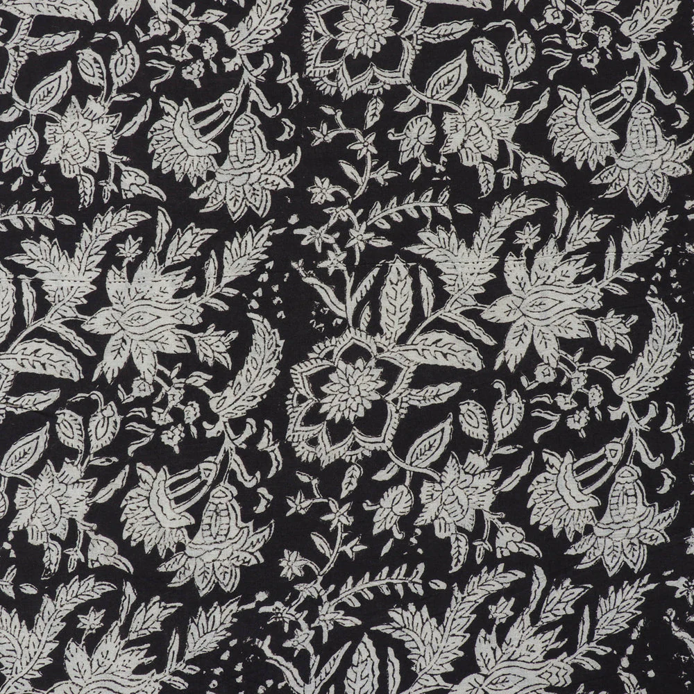 Black with White Block Printed Cotton Bagru Fabric 08 - Image 3