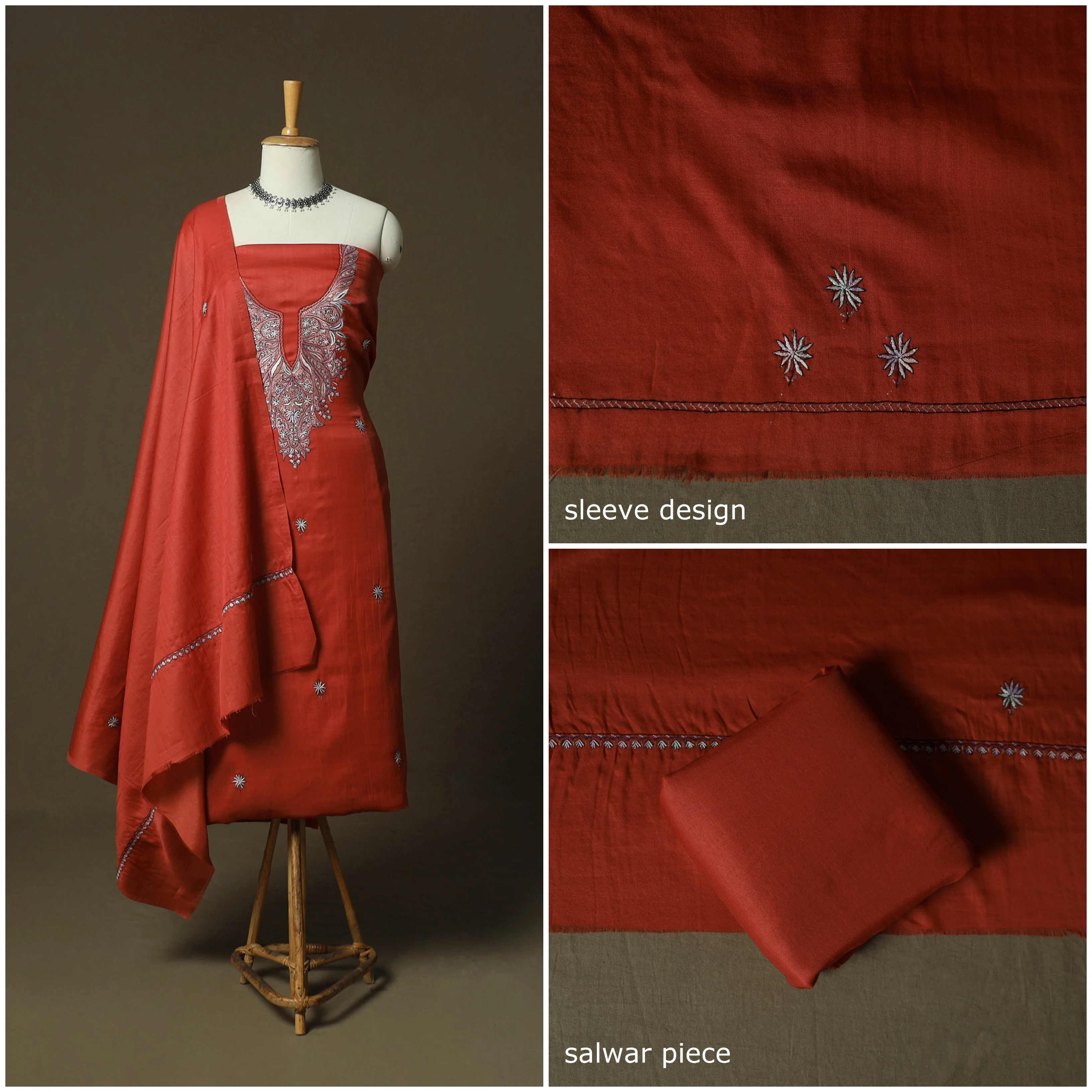 Orange - Sozni Hand Embroidery Pure Silk 3pc Unstitched Dress Material Suit Set 21 - Image 3