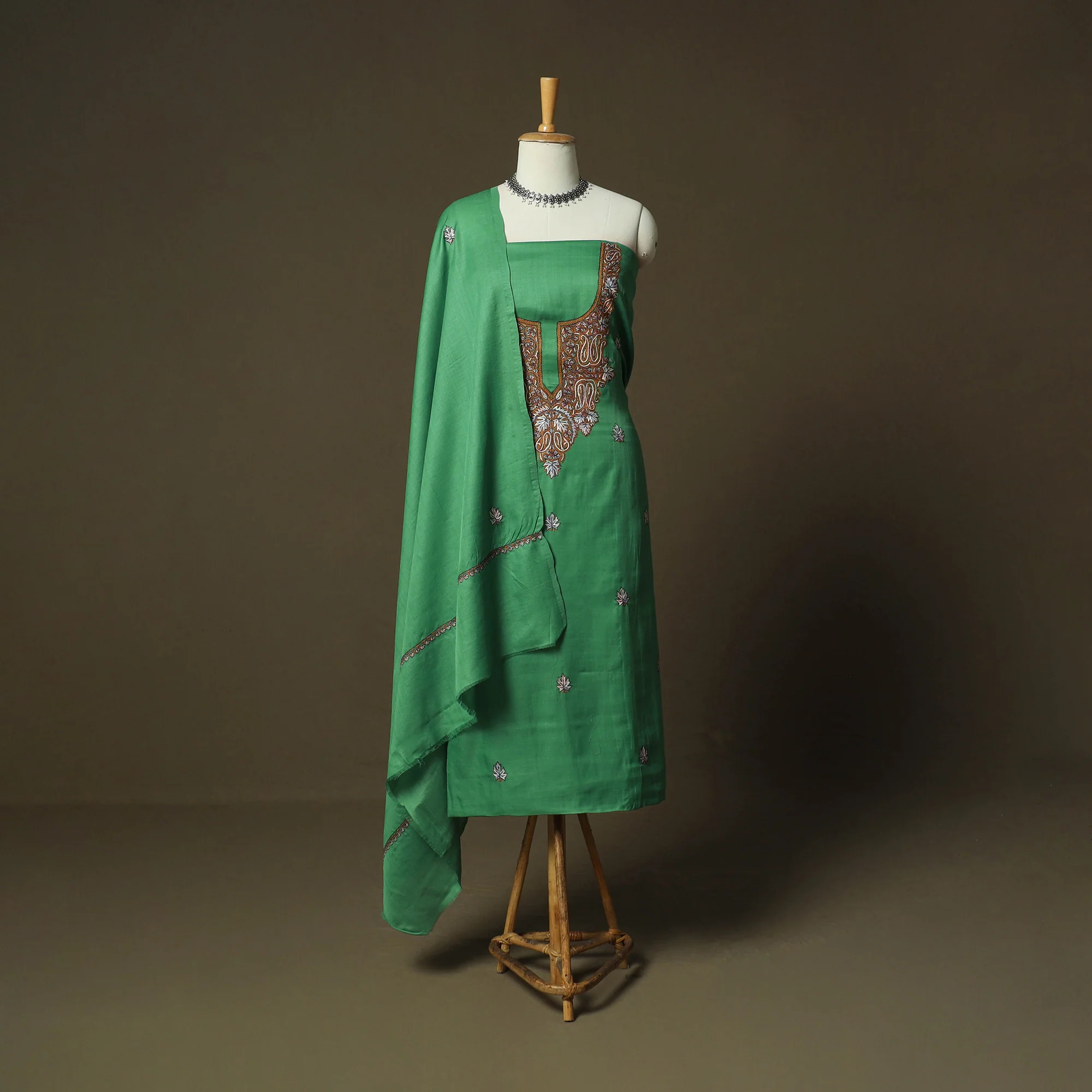Green - Sozni Hand Embroidery Pure Silk 3pc Unstitched Dress Material Suit Set 25