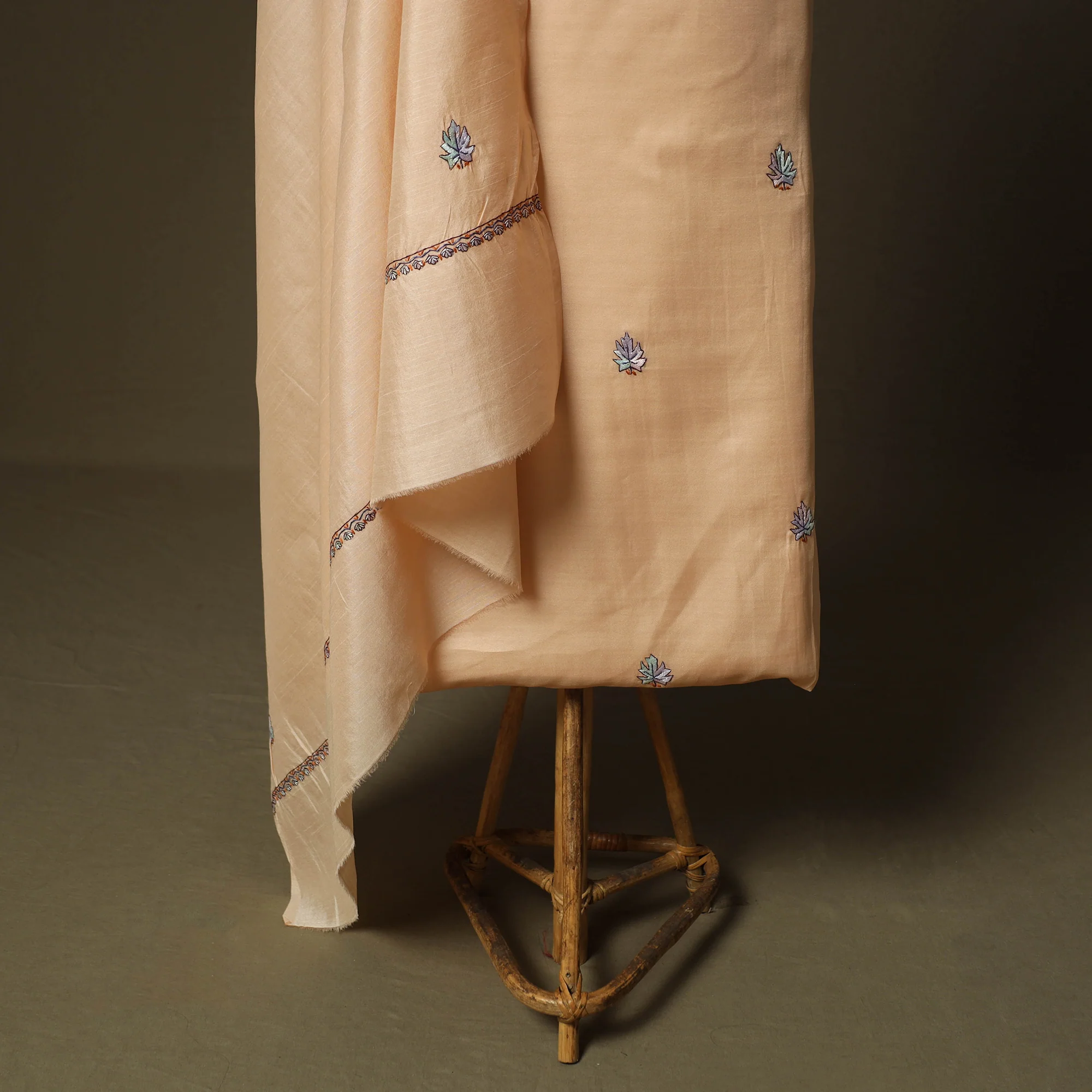 Beige - Sozni Hand Embroidery Pure Silk 3pc Unstitched Dress Material Suit Set 26 - Image 5
