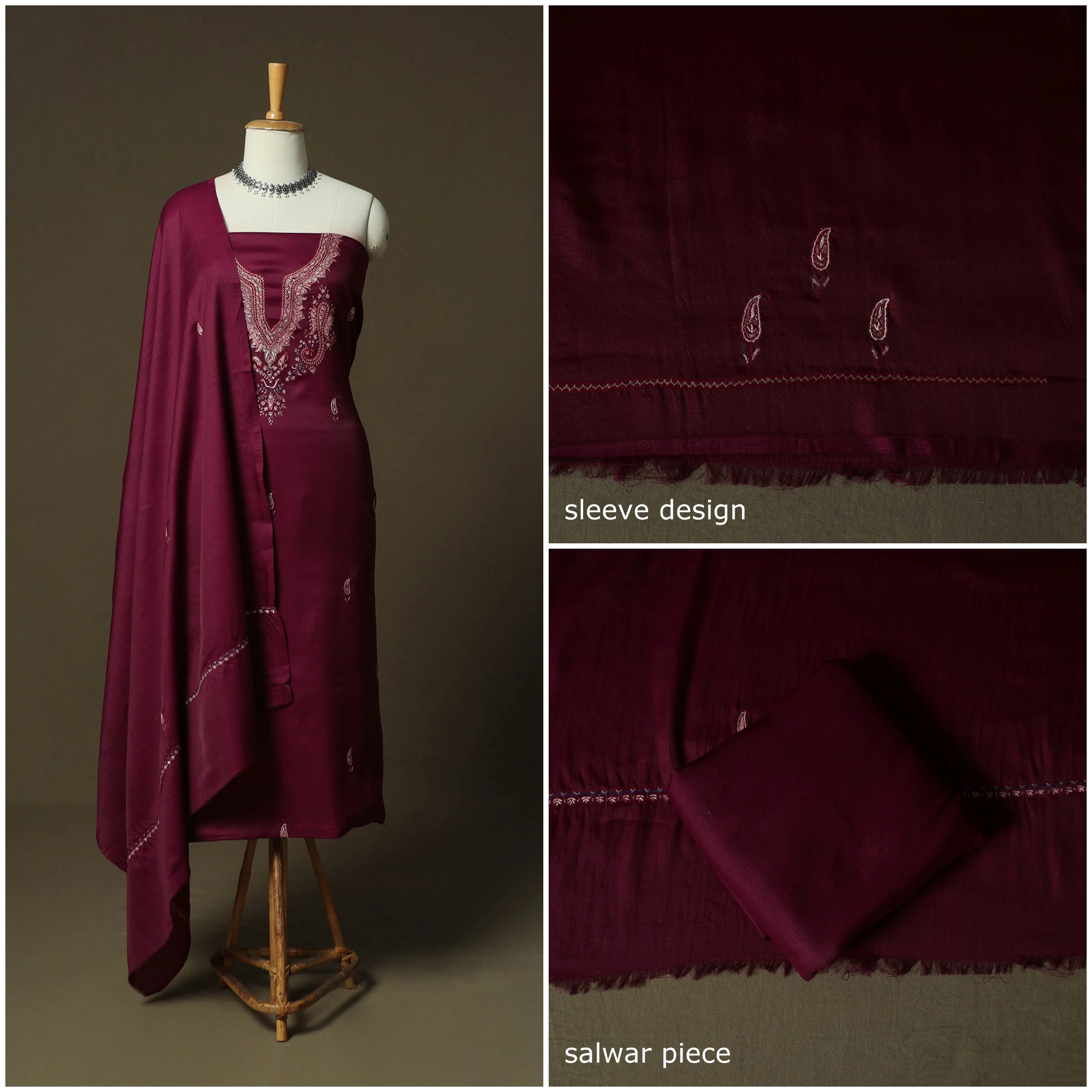 Purple - Sozni Hand Embroidery Pure Silk 3pc Unstitched Dress Material Suit Set 27 - Image 3