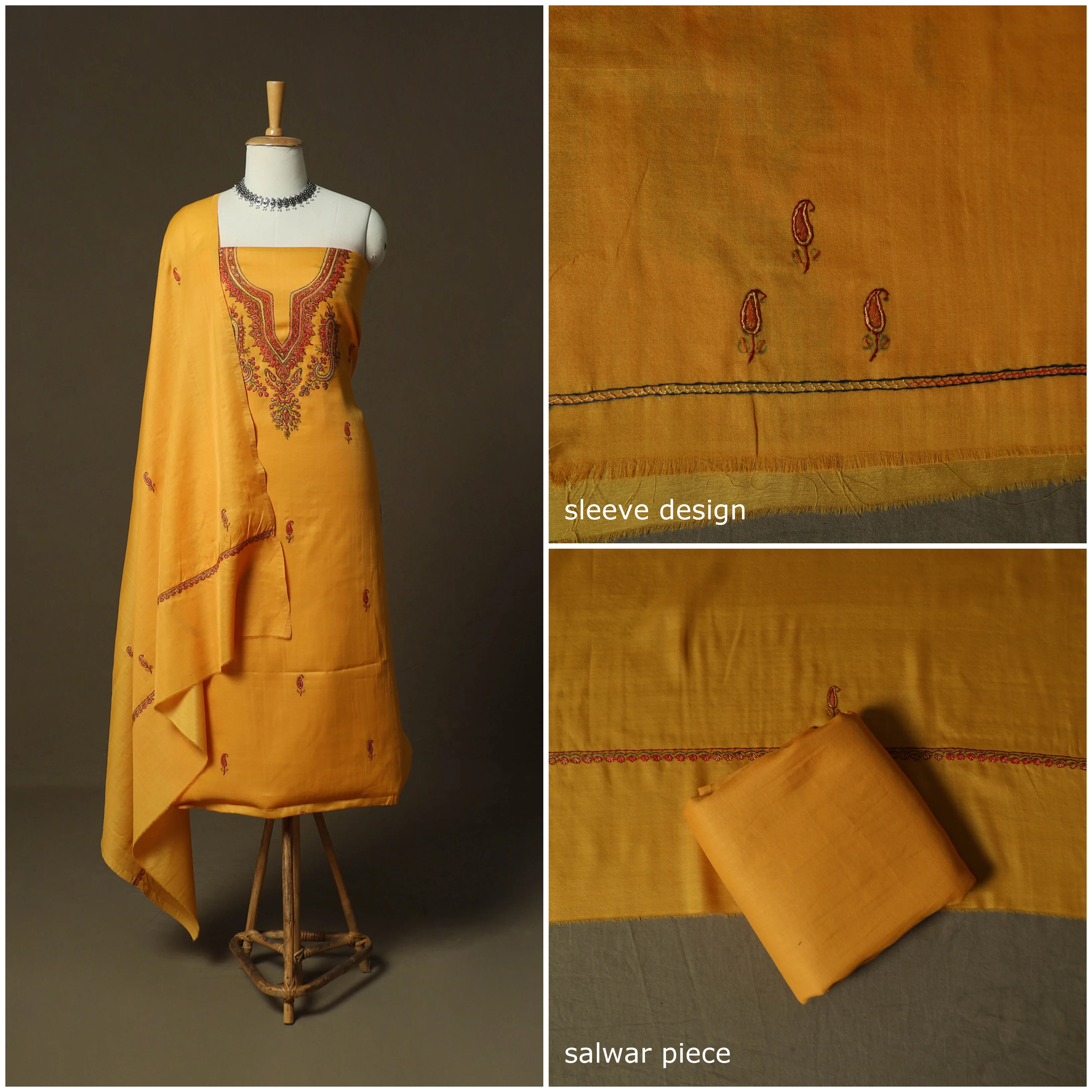 Yellow - Sozni Hand Embroidery Pure Silk 3pc Unstitched Dress Material Suit Set 28 - Image 3