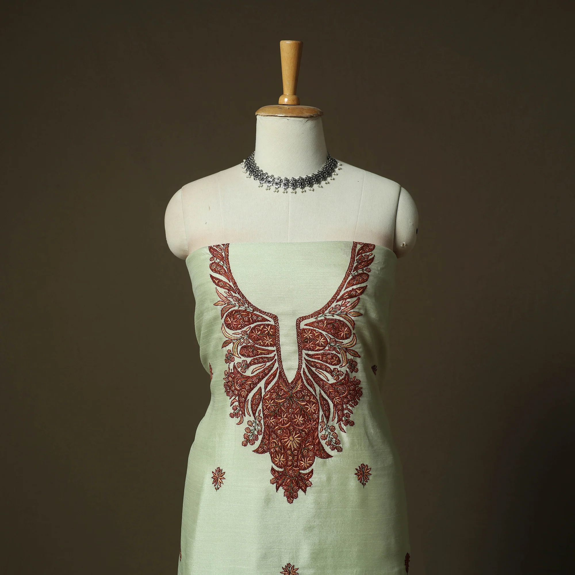 Green - Sozni Hand Embroidery Pure Silk 3pc Unstitched Dress Material Suit Set 29 - Image 2
