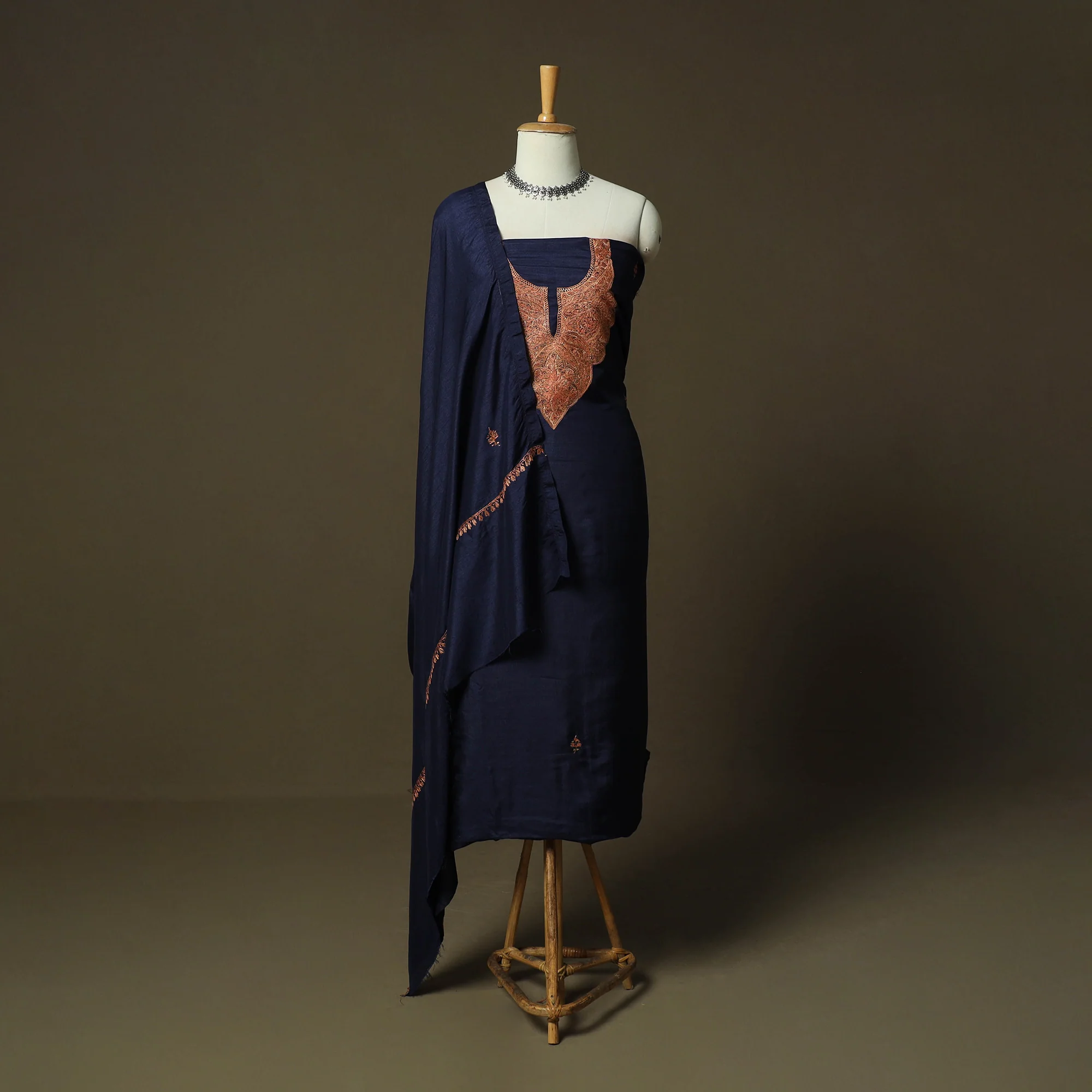 Blue - Sozni Hand Embroidery Pure Silk 3pc Unstitched Dress Material Suit Set 30