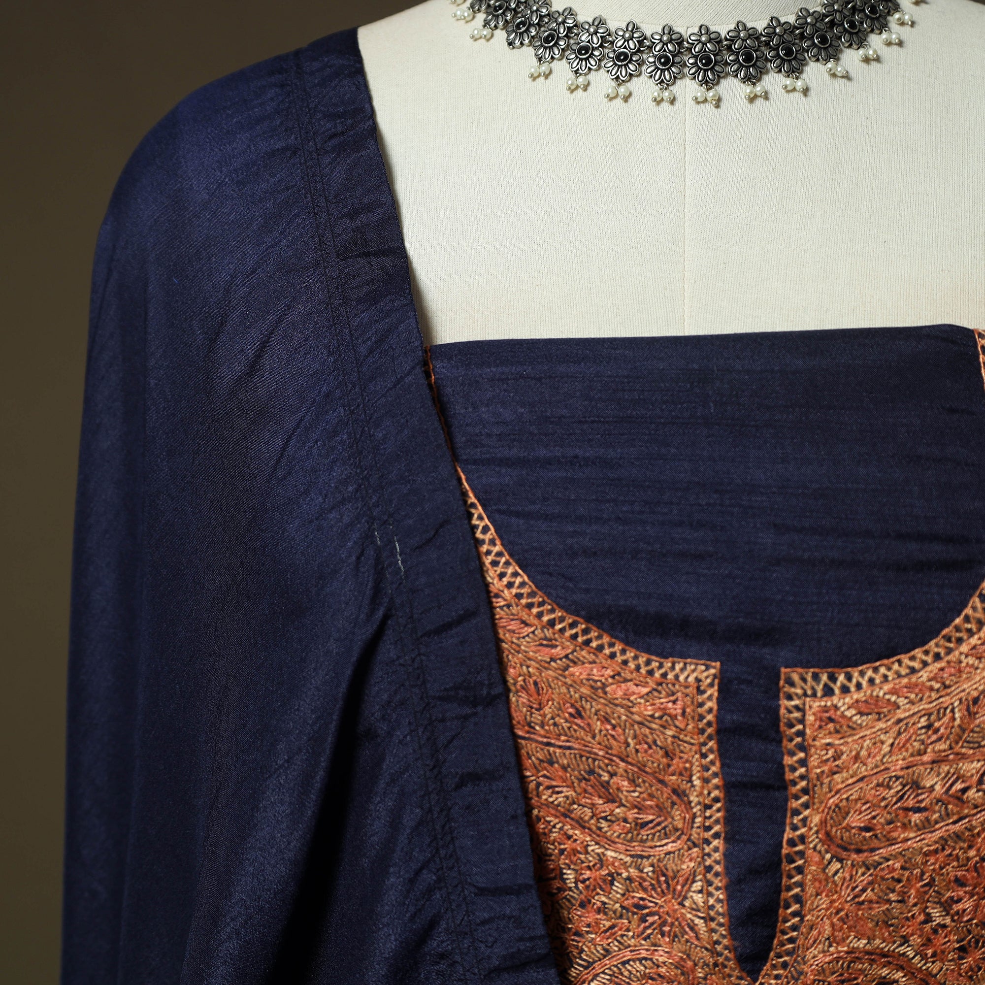 Blue - Sozni Hand Embroidery Pure Silk 3pc Unstitched Dress Material Suit Set 30 - Image 4