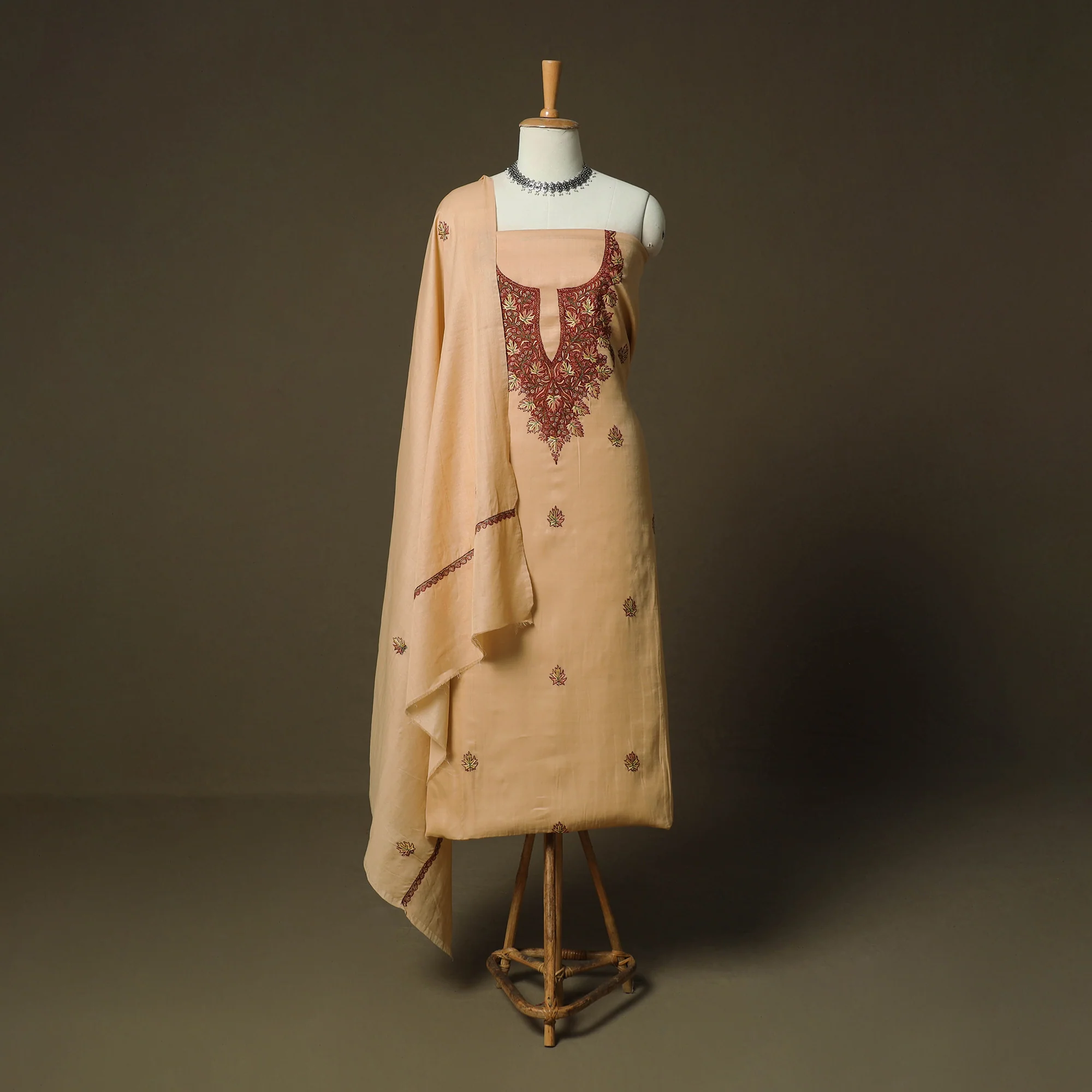 Beige - Sozni Hand Embroidery Pure Silk 3pc Unstitched Dress Material Suit Set 32