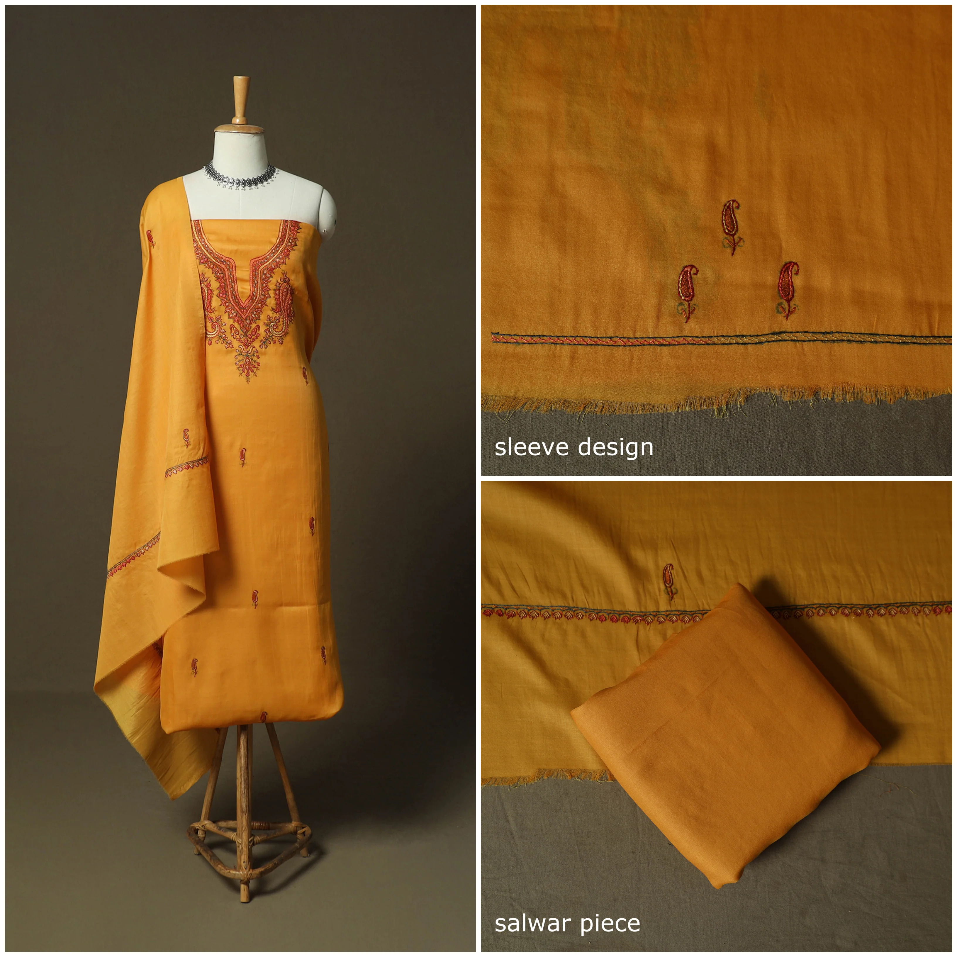 Yellow - Sozni Hand Embroidery Pure Silk 3pc Unstitched Dress Material Suit Set 33 - Image 3