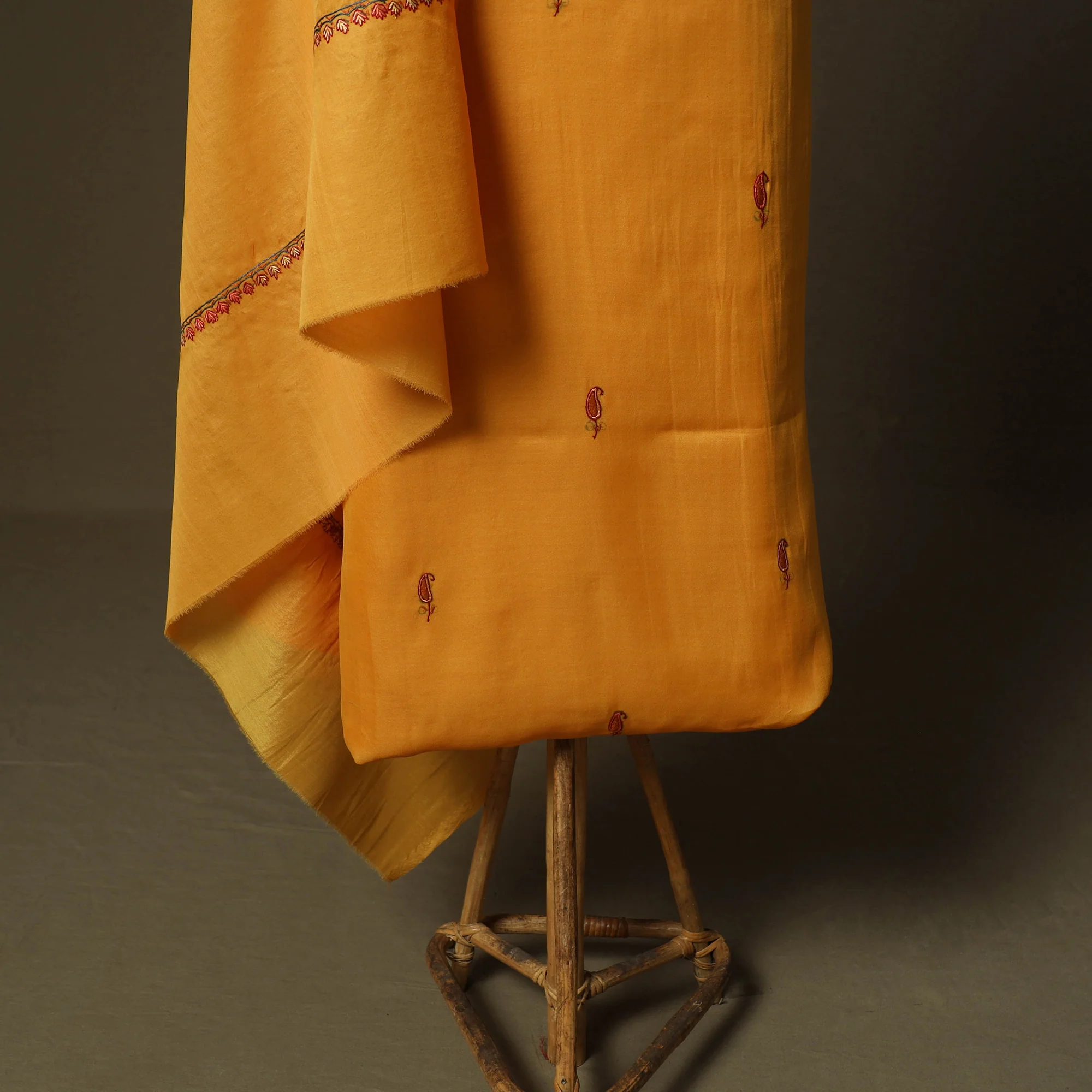 Yellow - Sozni Hand Embroidery Pure Silk 3pc Unstitched Dress Material Suit Set 33 - Image 5