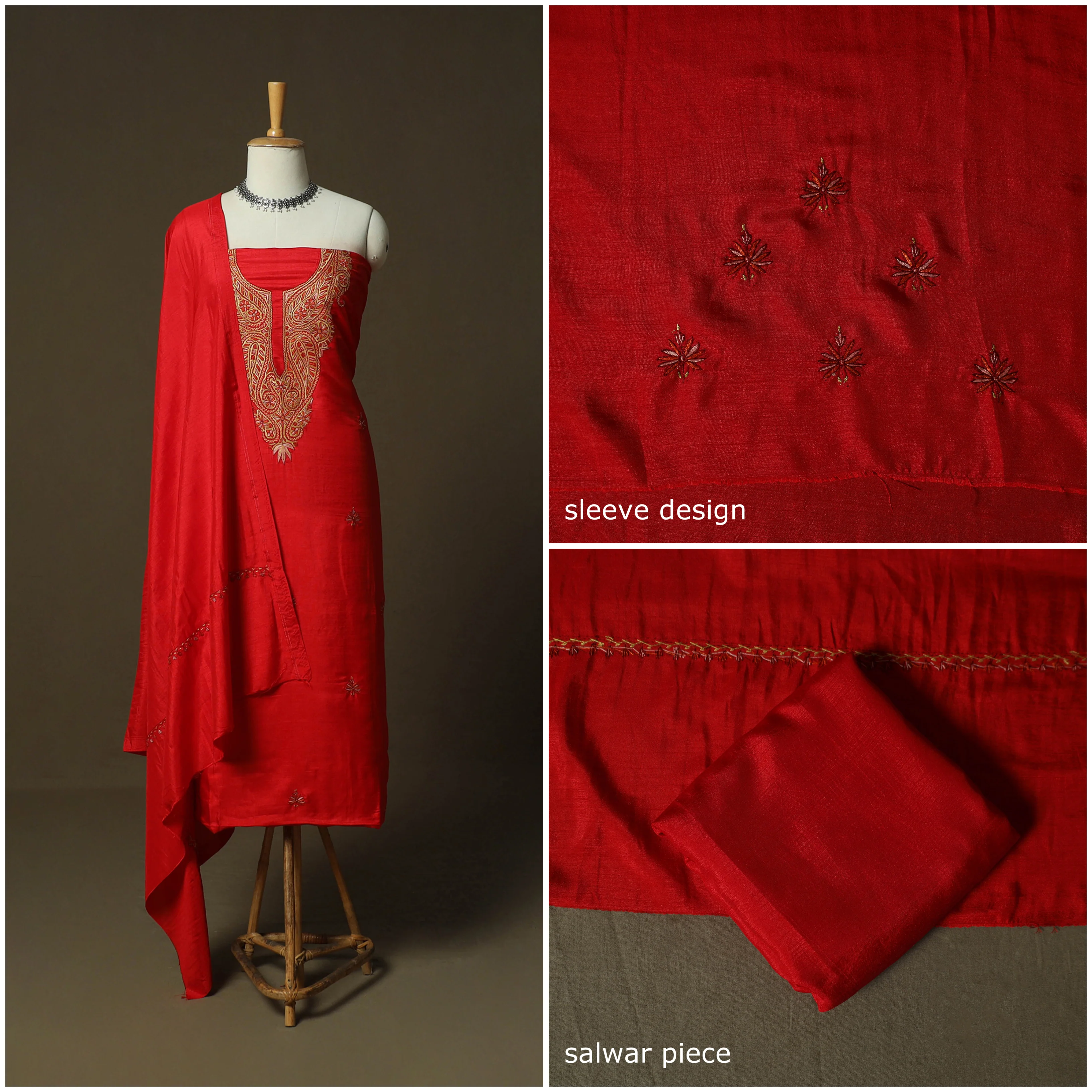 Red - Sozni Hand Embroidery Pure Silk 3pc Unstitched Dress Material Suit Set 35 - Image 3