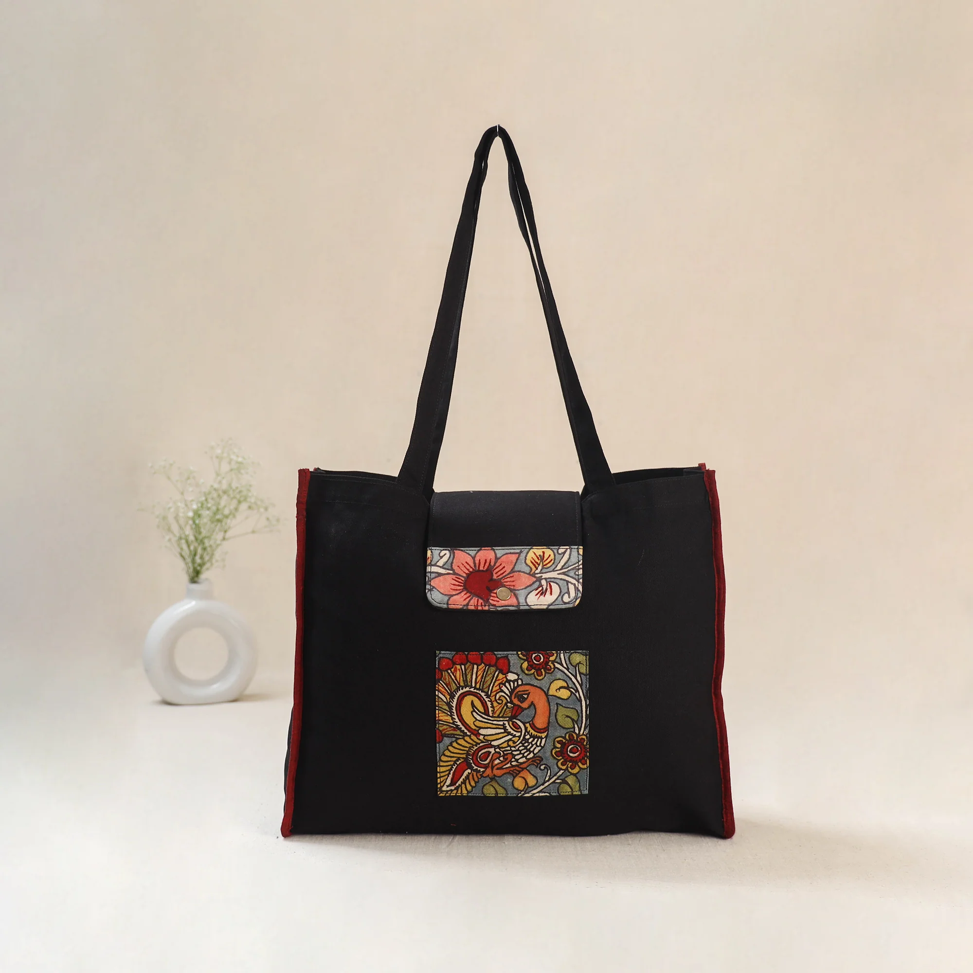Black - Srikalahasti Handpainted Kalamkari Shoulder Bag 50