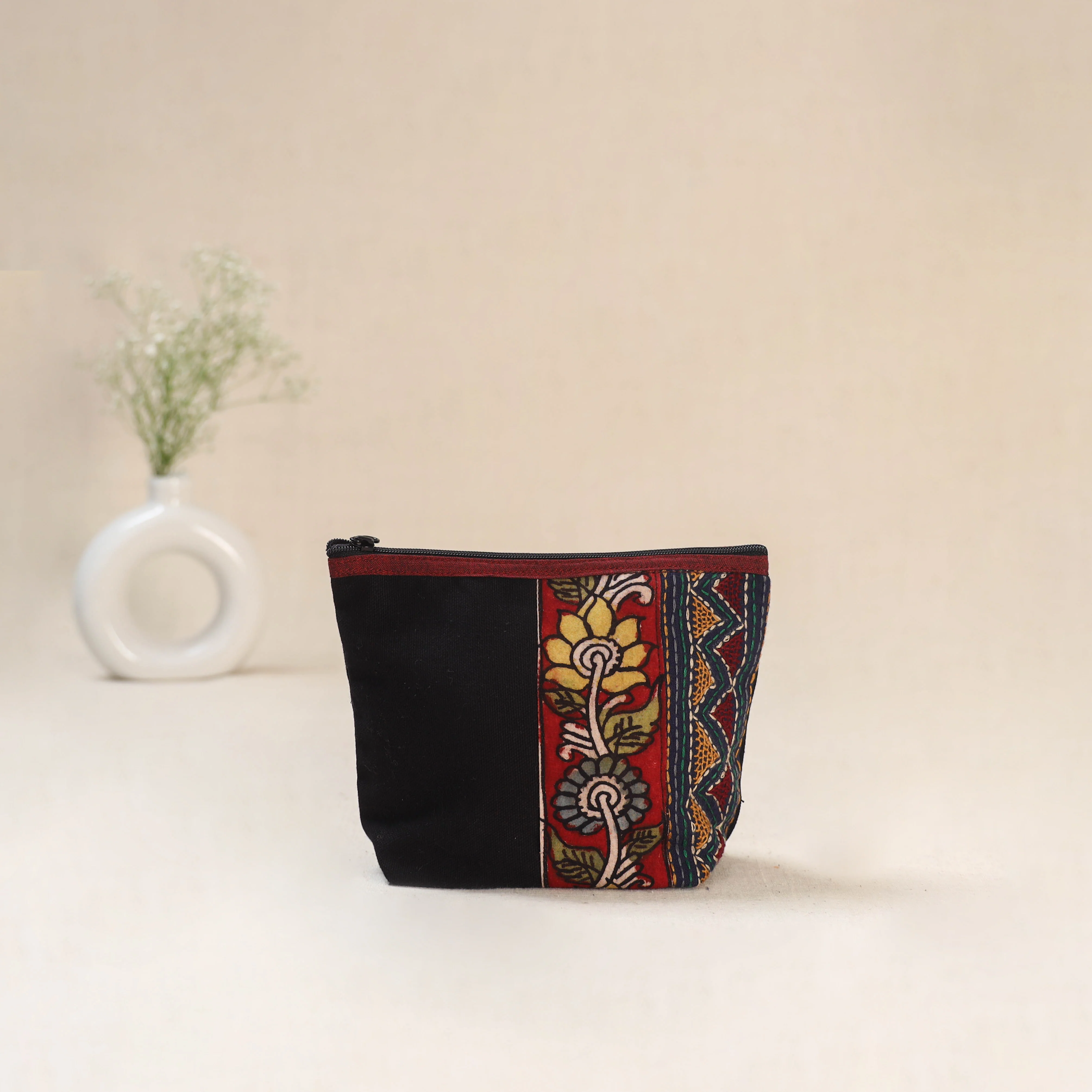 Black - Tagai Work Srikalahasti Kalamkari Handpainted Small Utility Pouch 117