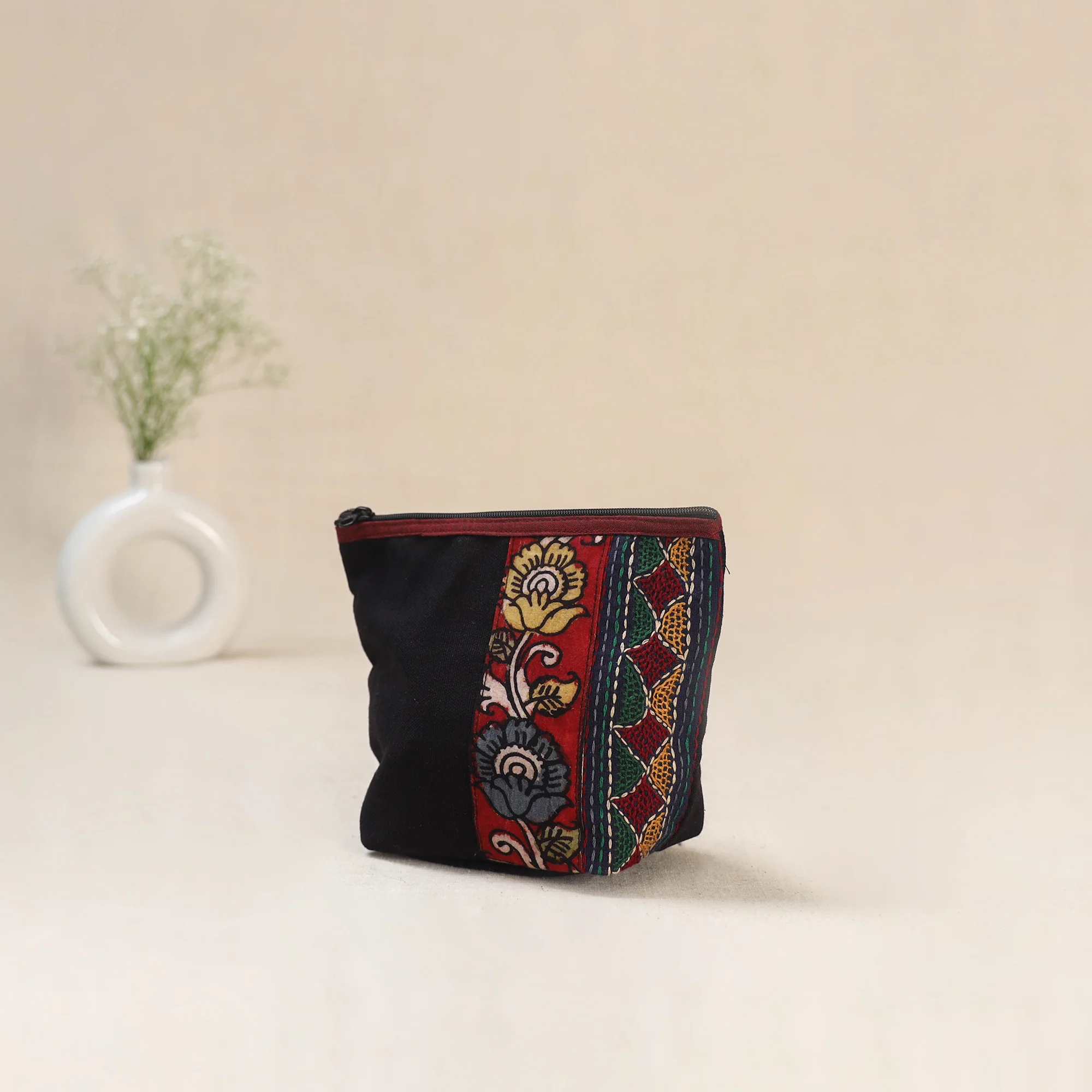 Black - Tagai Work Srikalahasti Kalamkari Handpainted Small Utility Pouch 118 - Image 2