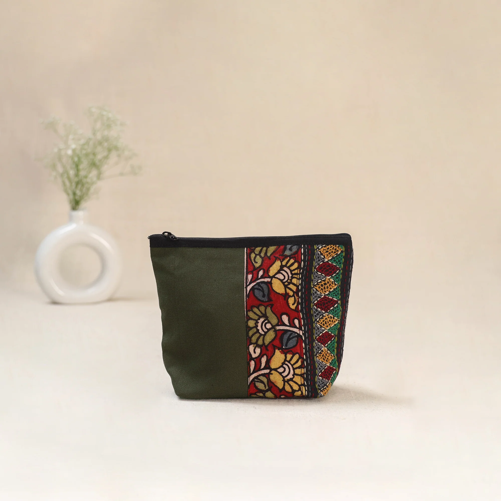 Green - Tagai Work Srikalahasti Kalamkari Handpainted Small Utility Pouch 120