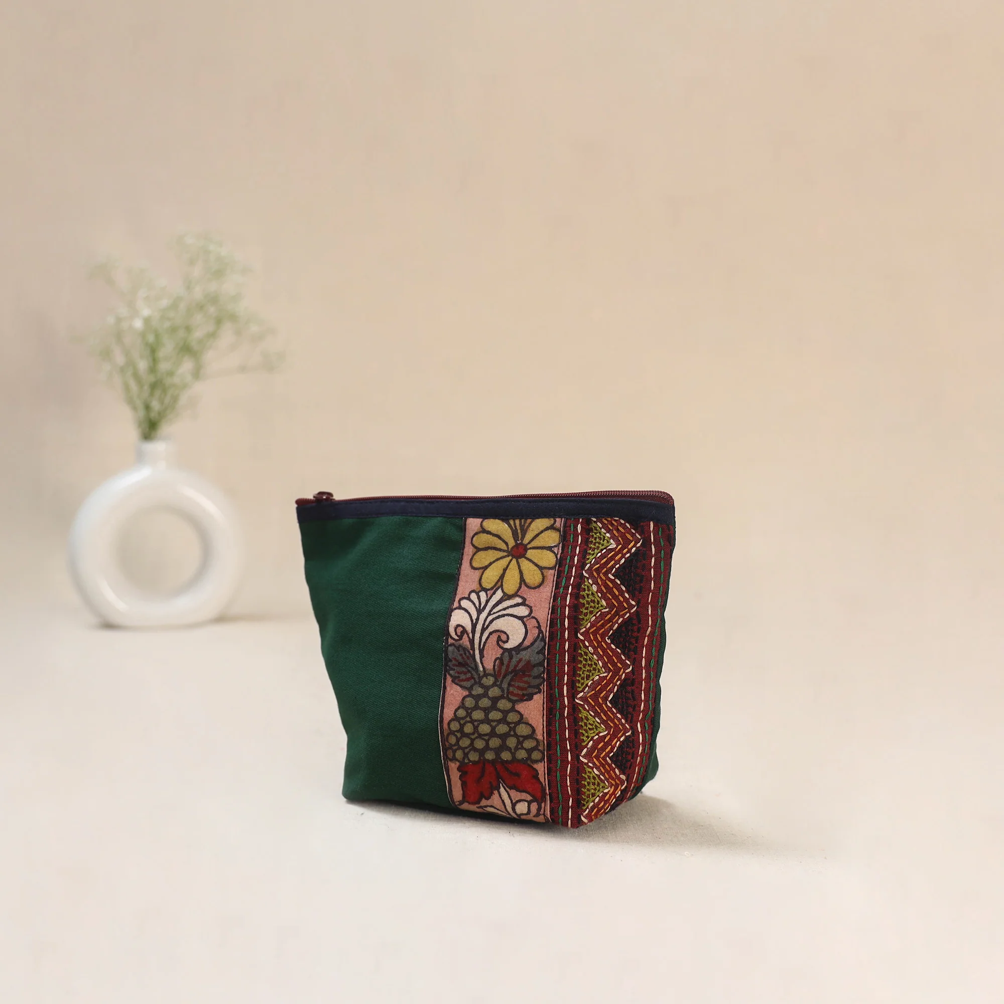 Green - Tagai Work Srikalahasti Kalamkari Handpainted Small Utility Pouch 121 - Image 2
