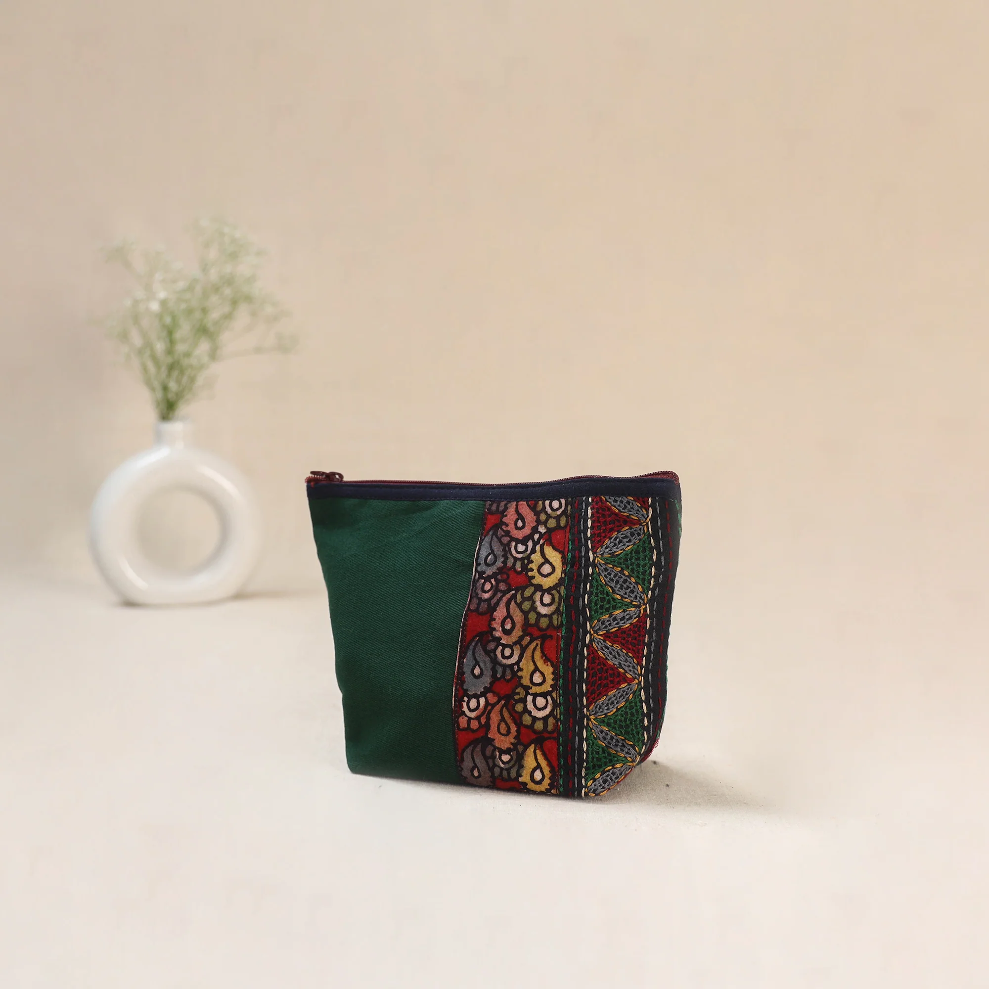 Green - Tagai Work Srikalahasti Kalamkari Handpainted Small Utility Pouch 122 - Image 2